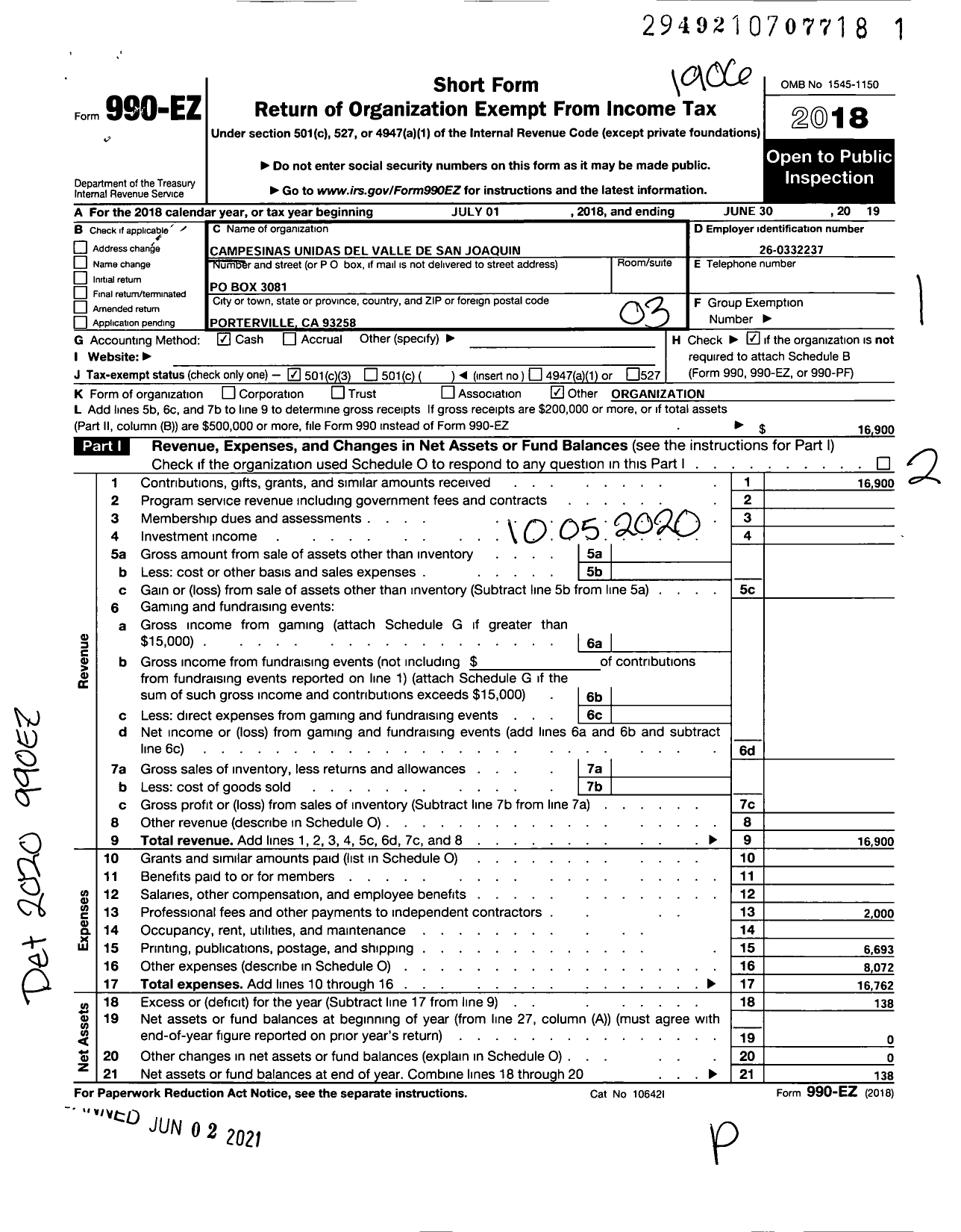 Image of first page of 2018 Form 990EZ for Campesinas Unidas Del Valle de San