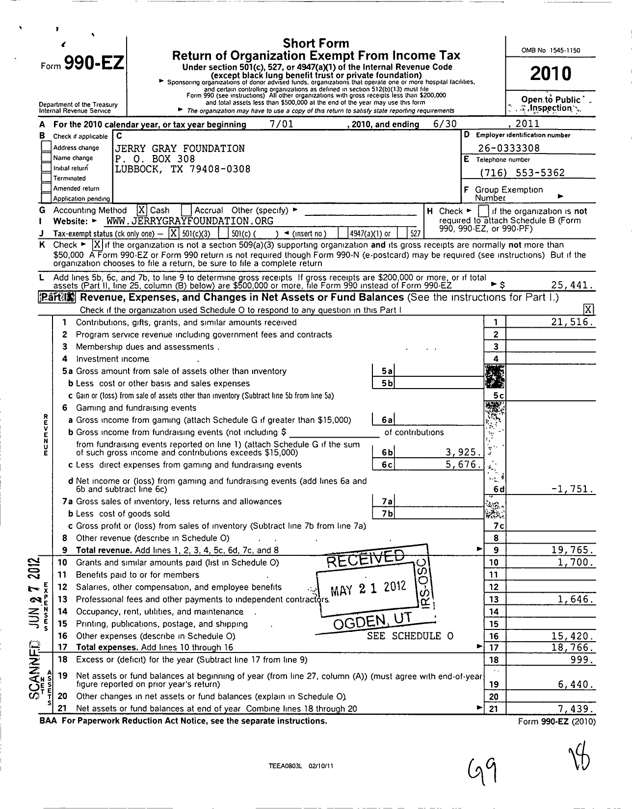 Image of first page of 2010 Form 990EZ for Jerry Gray Foundation