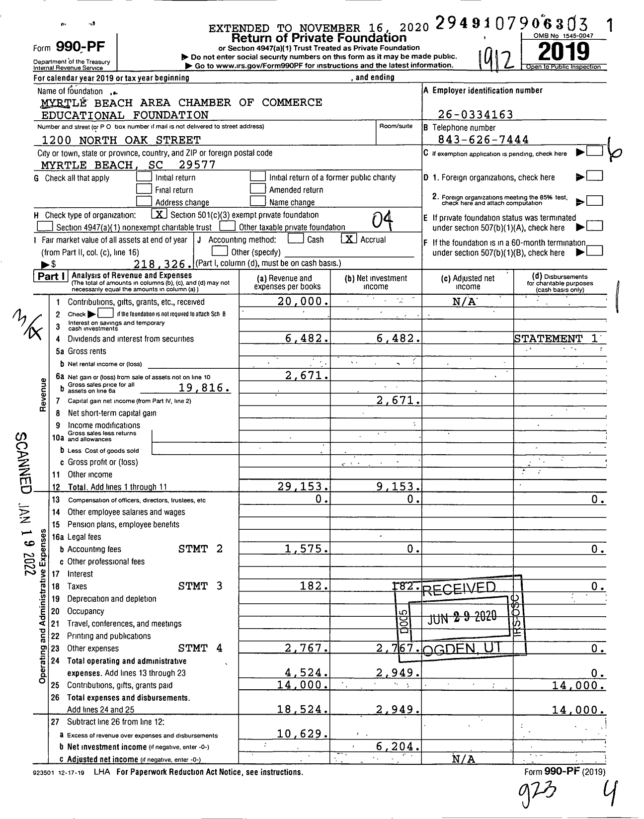 Image of first page of 2019 Form 990PF for Myrtle Beach Area Chamber of Commerce Educational Foundation