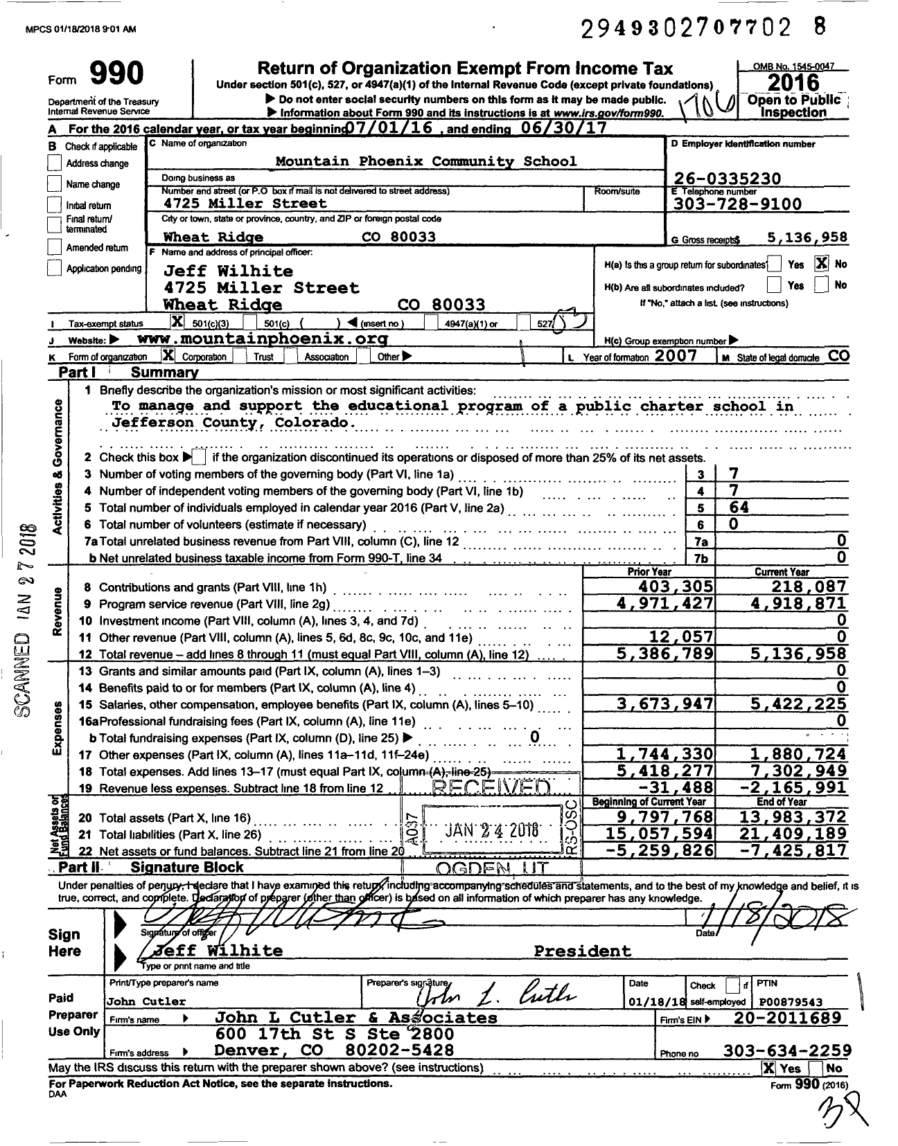 Image of first page of 2016 Form 990 for Mountain Phoenix Community School (MPCS)