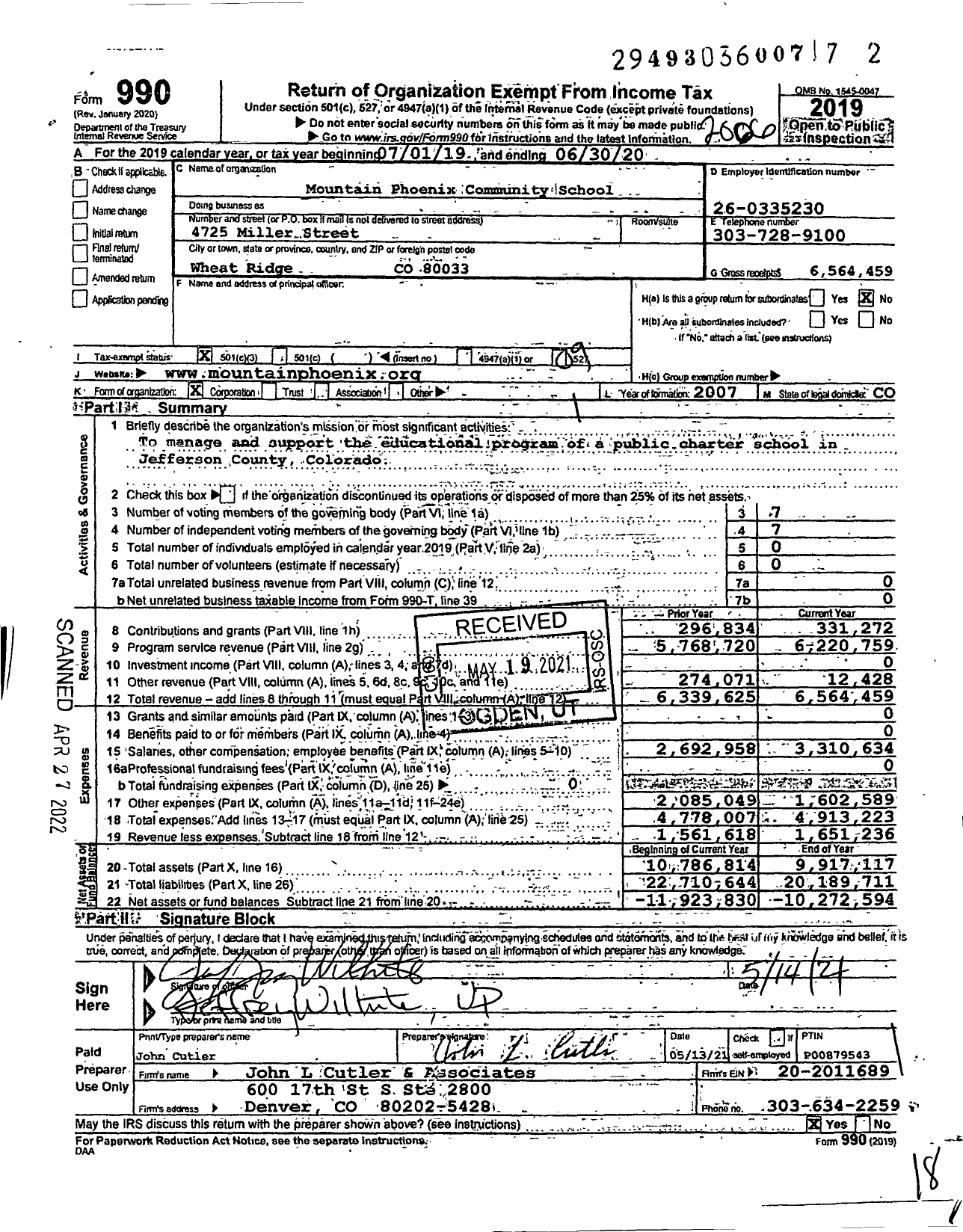 Image of first page of 2019 Form 990O for Mountain Phoenix Community School (MPCS)