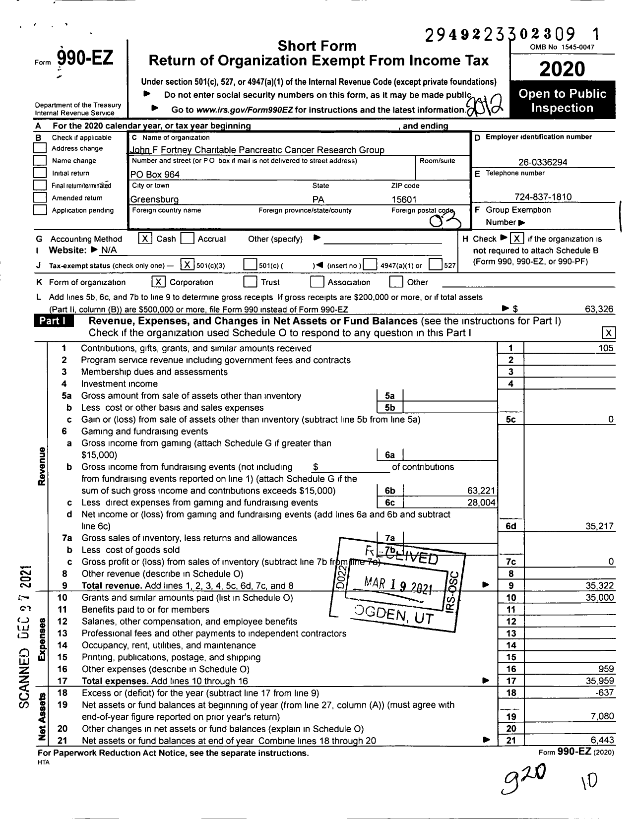 Image of first page of 2020 Form 990EZ for John F Fortney Charitable Pancreatic Cancer Research Group