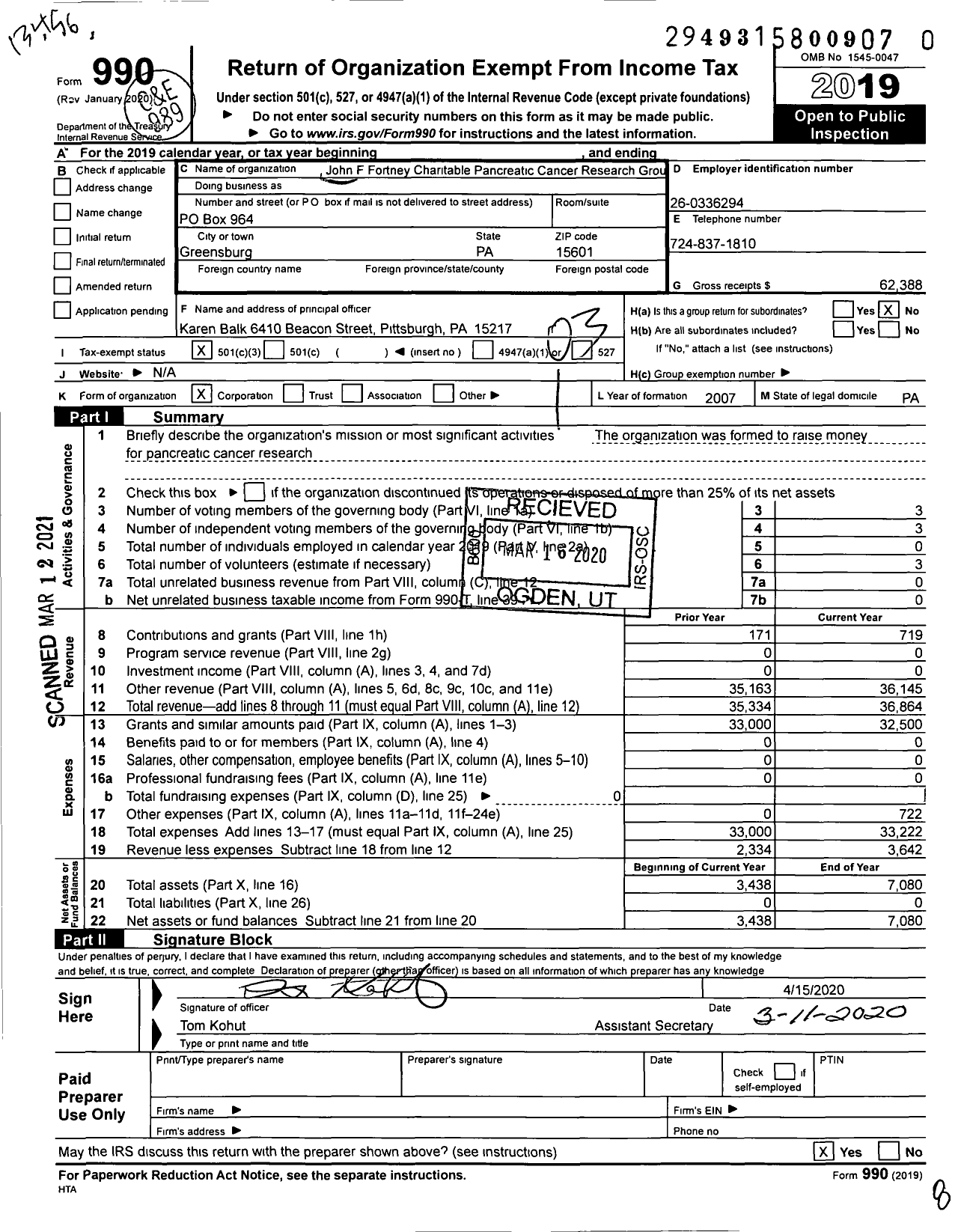 Image of first page of 2019 Form 990 for John F Fortney Charitable Pancreatic Cancer Research Group