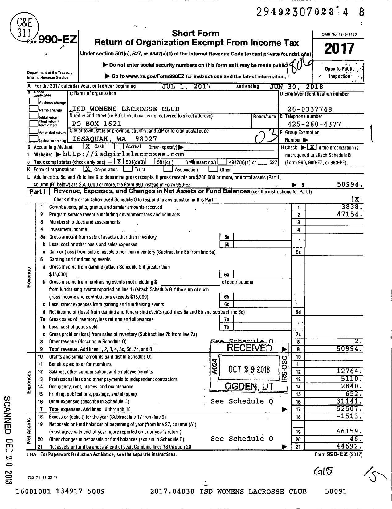 Image of first page of 2017 Form 990EZ for Isd Womens Lacrosse Club