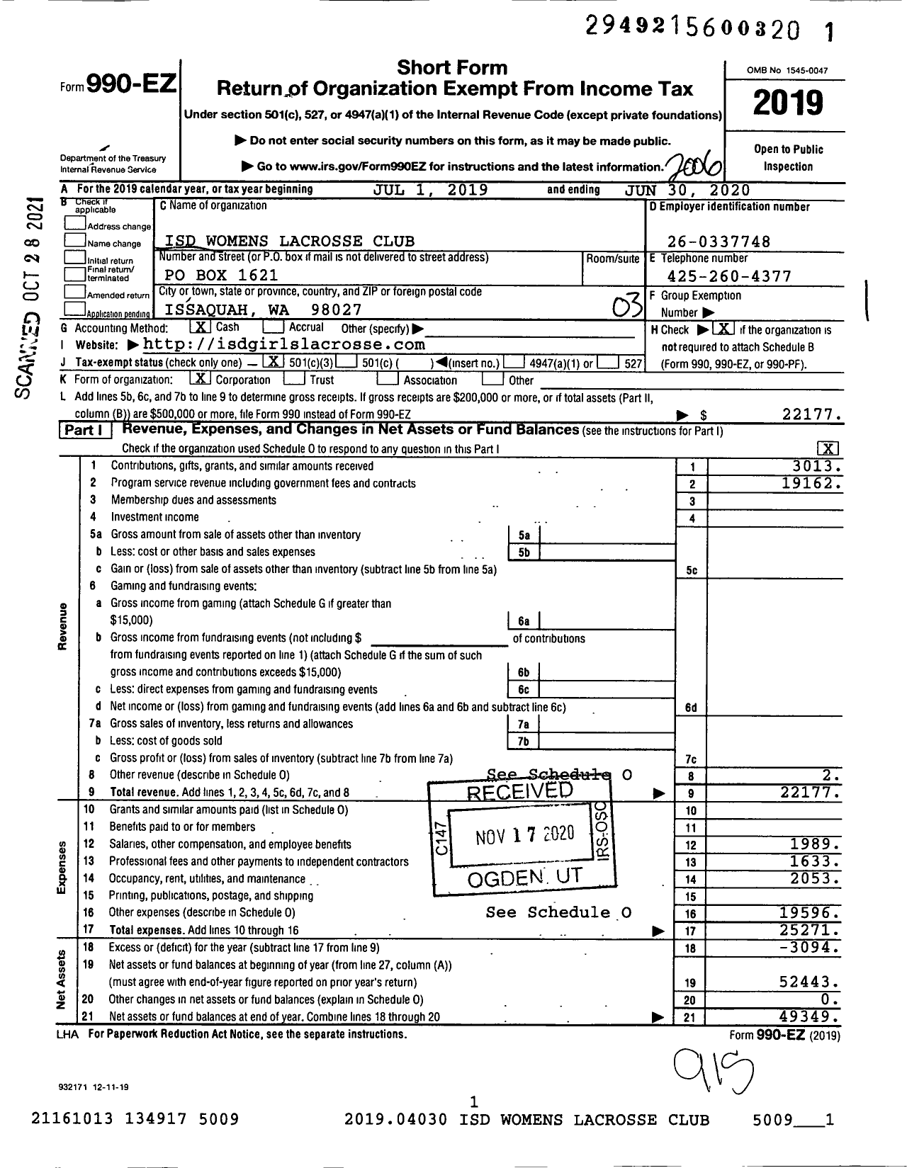 Image of first page of 2019 Form 990EZ for Isd Womens Lacrosse Club