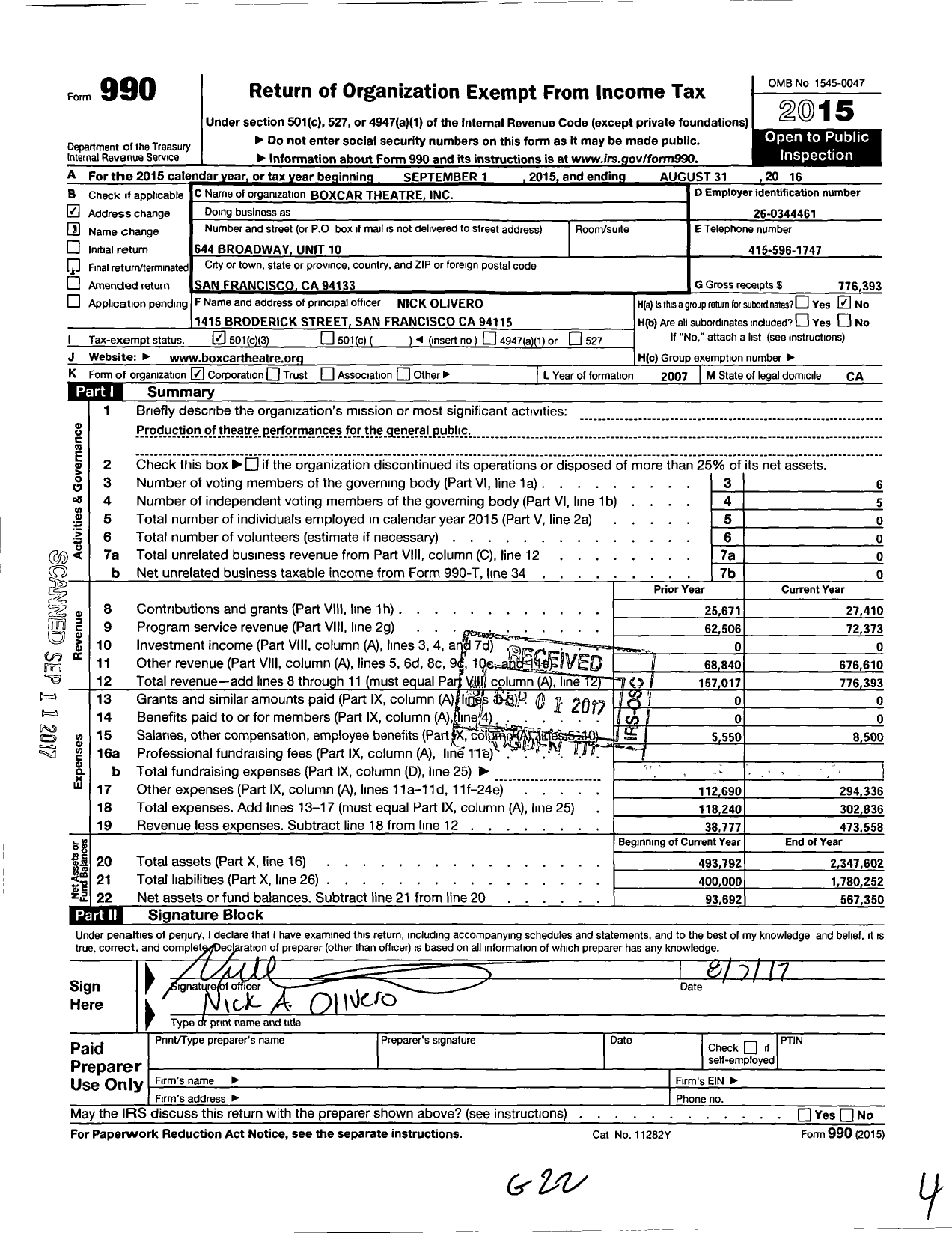 Image of first page of 2015 Form 990 for Boxcar Theatre