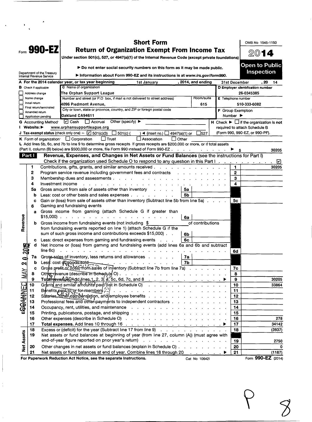 Image of first page of 2014 Form 990EZ for Orphan Support League