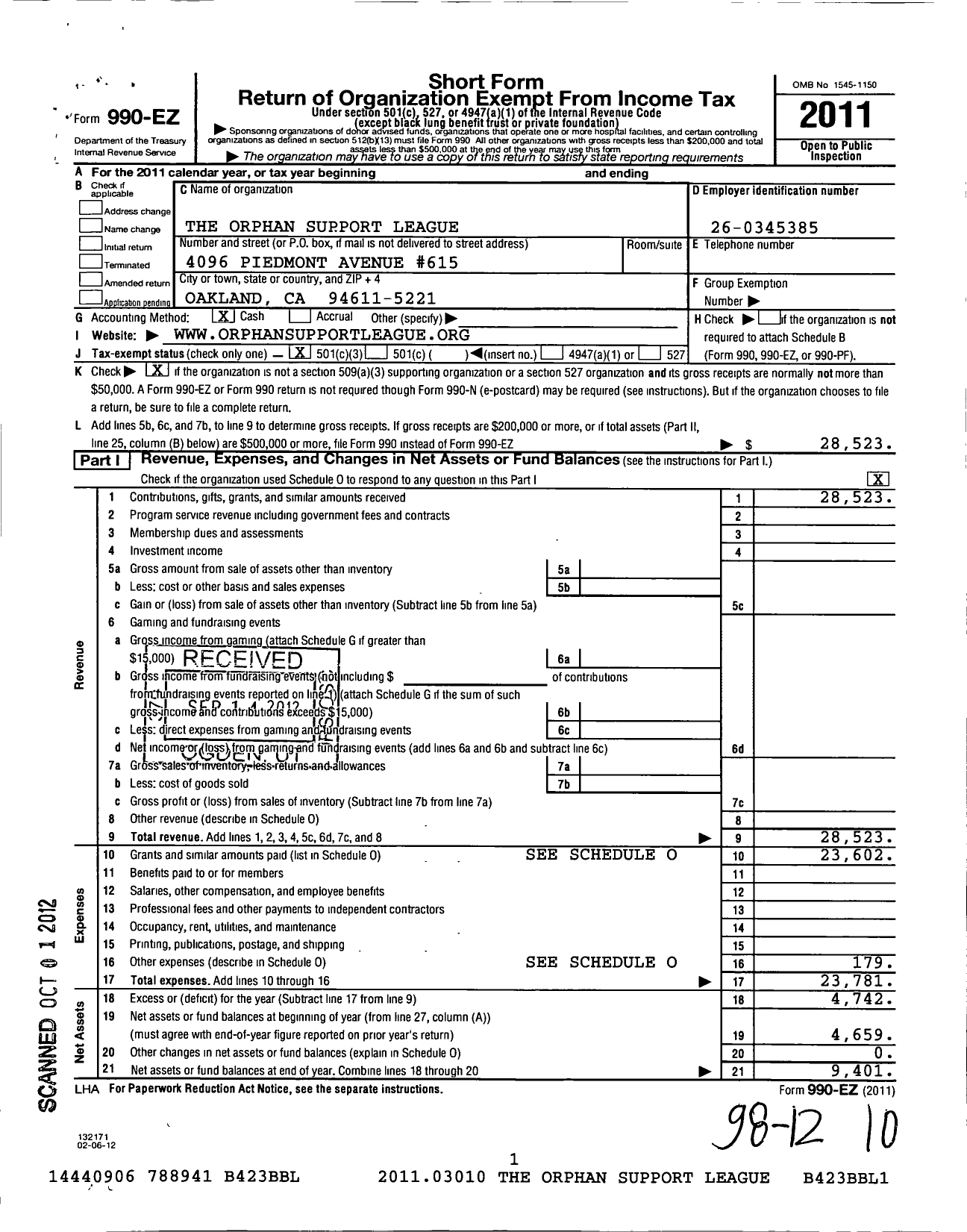 Image of first page of 2011 Form 990EZ for Orphan Support League