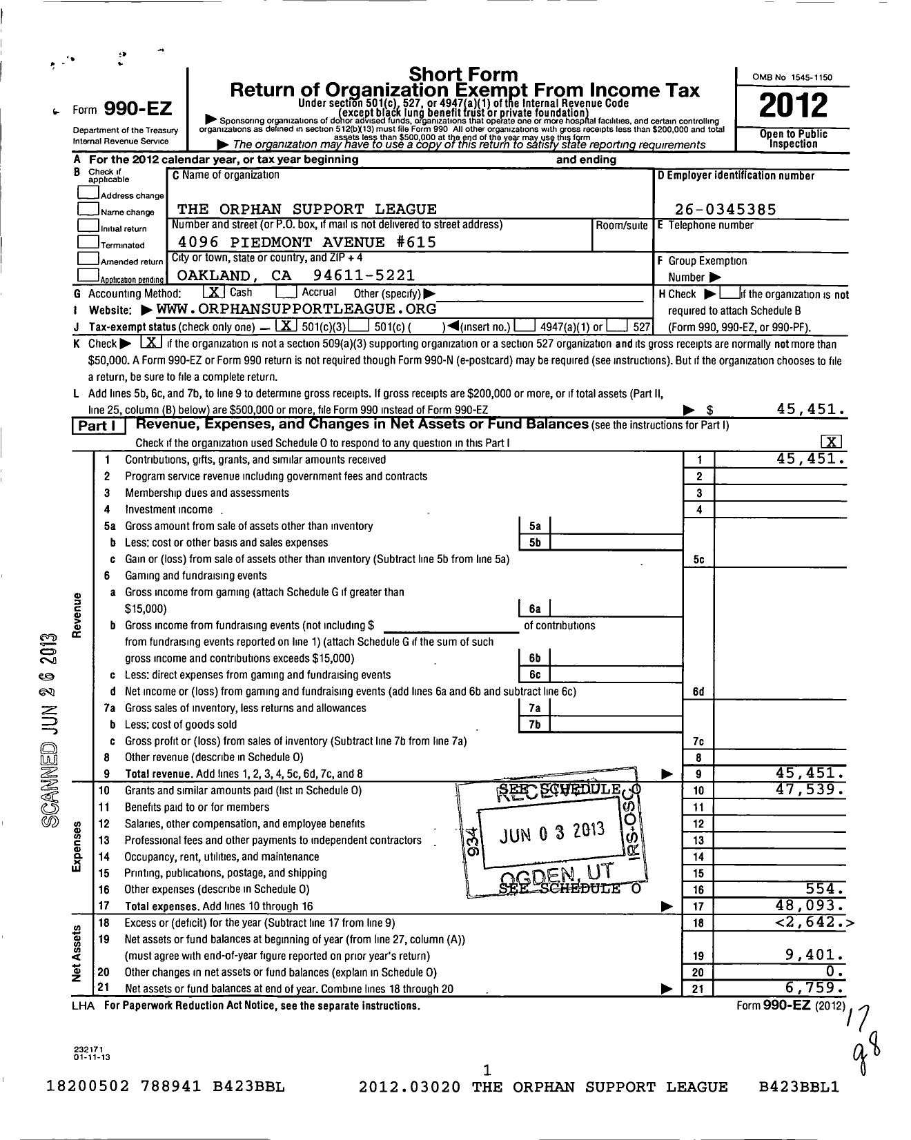 Image of first page of 2012 Form 990EZ for Orphan Support League