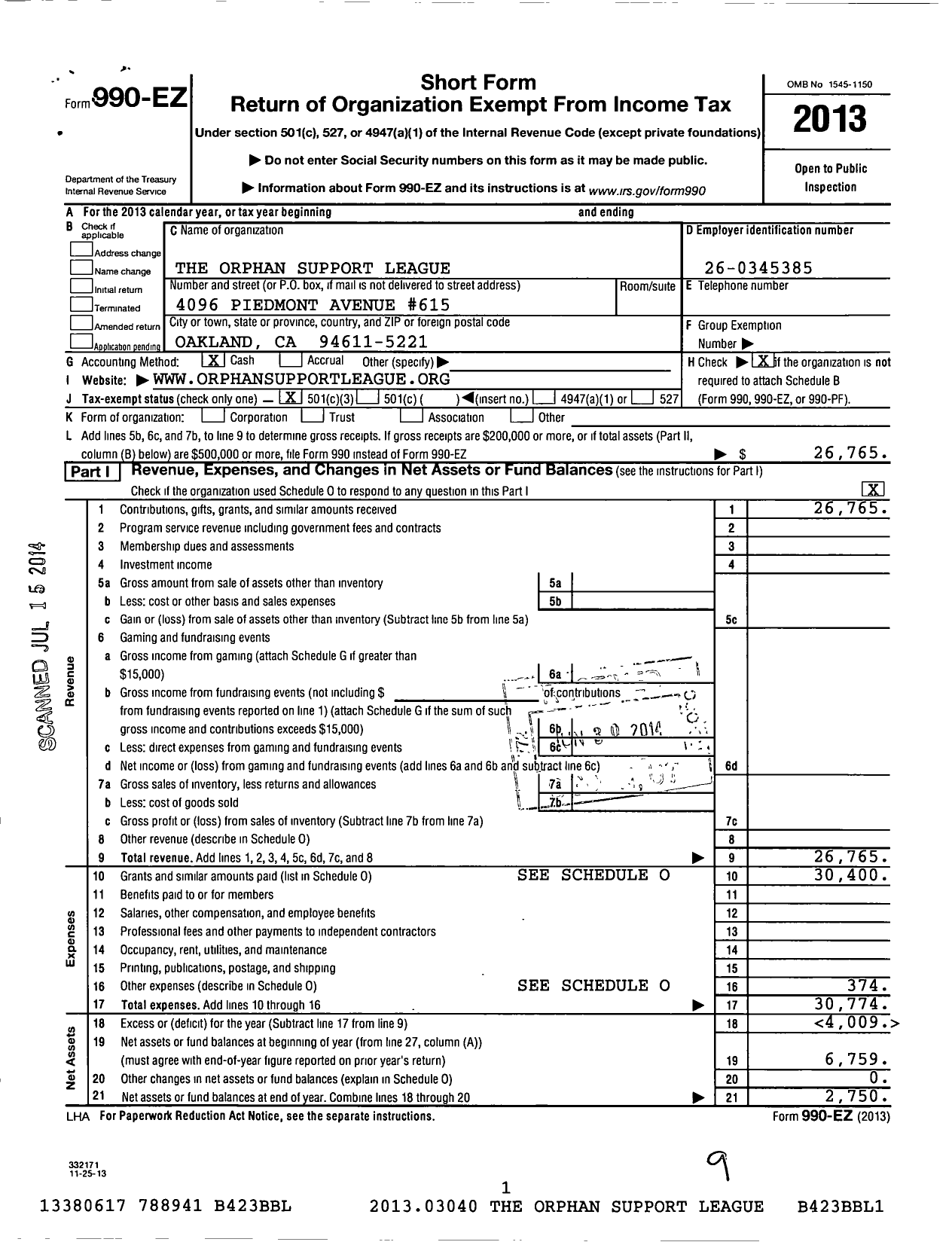 Image of first page of 2013 Form 990EZ for Orphan Support League