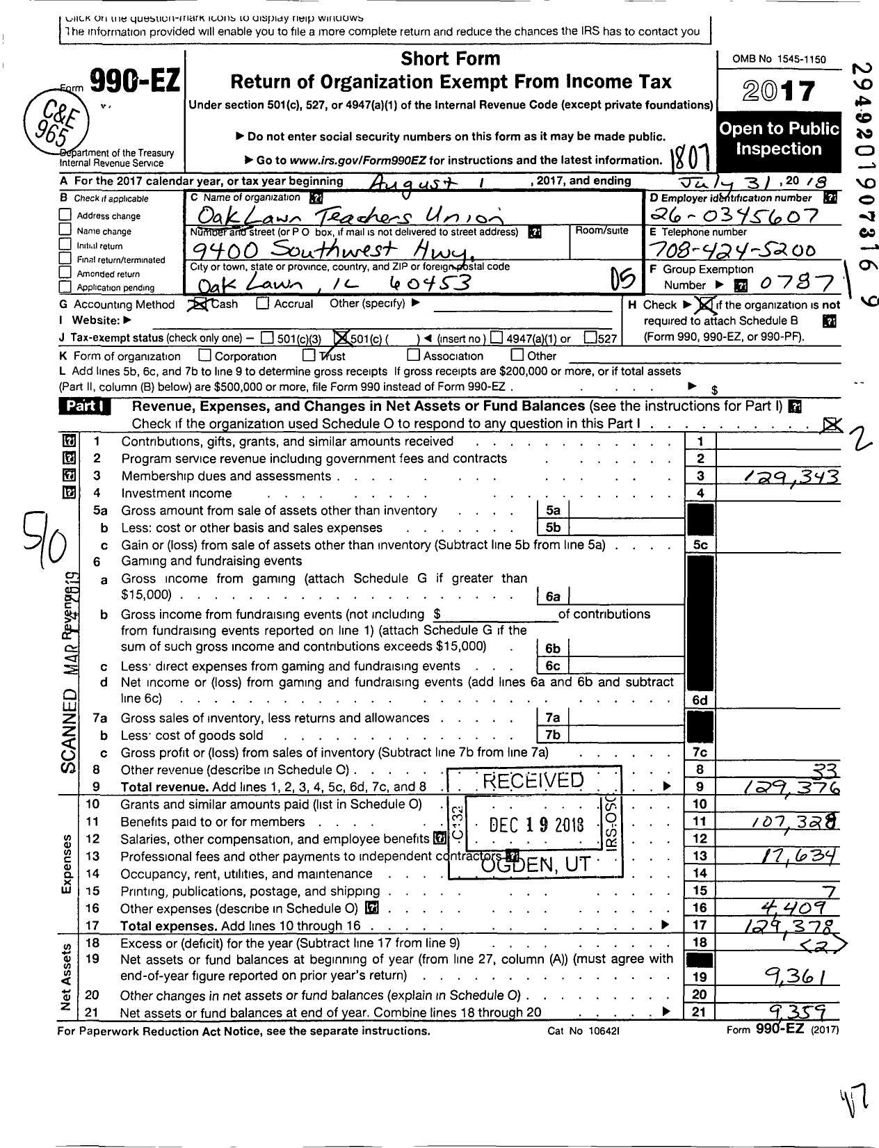 Image of first page of 2017 Form 990EO for AMERICAN FEDERATION OF TEACHERS - 943 Oak Lawn TEACHERS Union