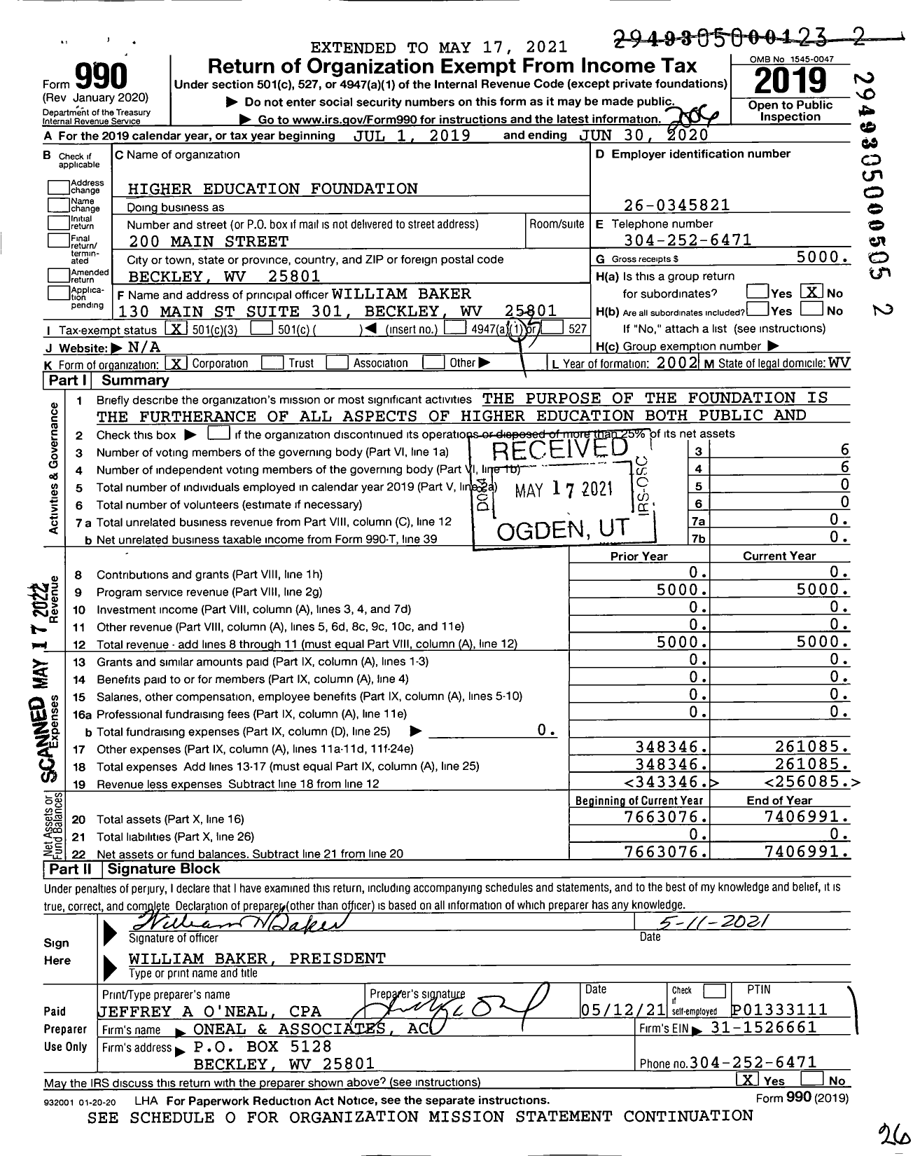 Image of first page of 2019 Form 990 for Higher Education Foundation