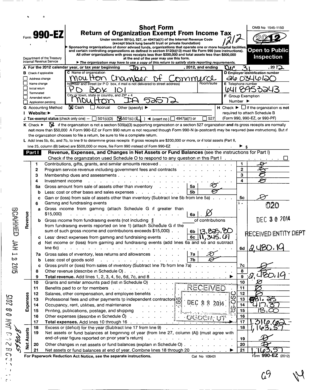 Image of first page of 2012 Form 990EO for Moulton Chamber of Commerce