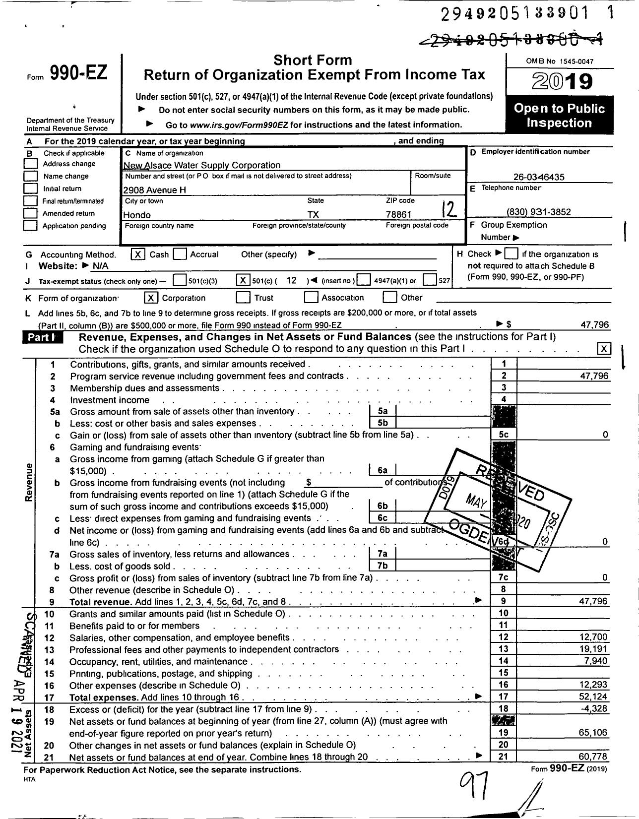 Image of first page of 2019 Form 990EO for New Alsace Water Supply Corporation