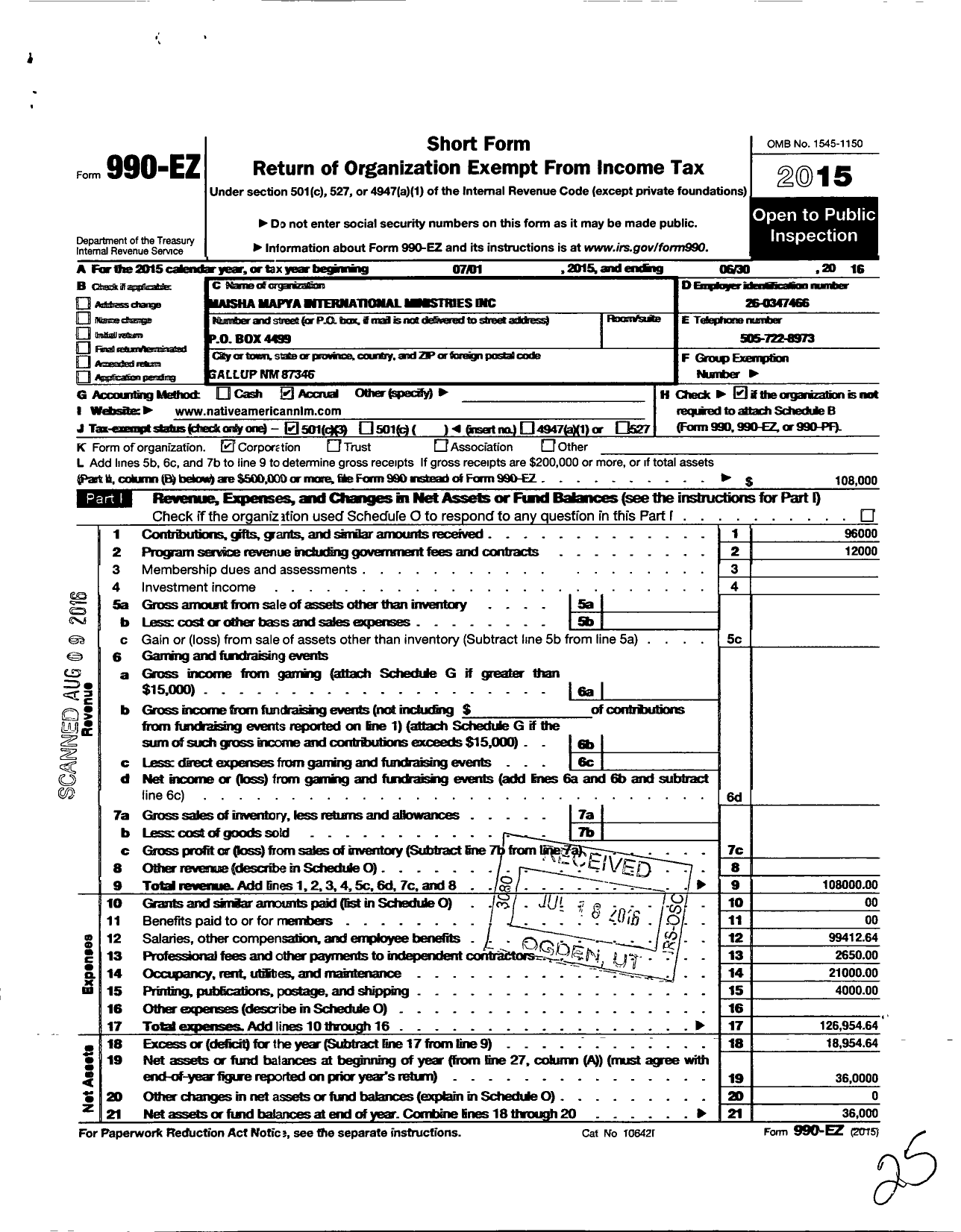 Image of first page of 2015 Form 990EZ for Maisha Mapya International Ministries Incorporated