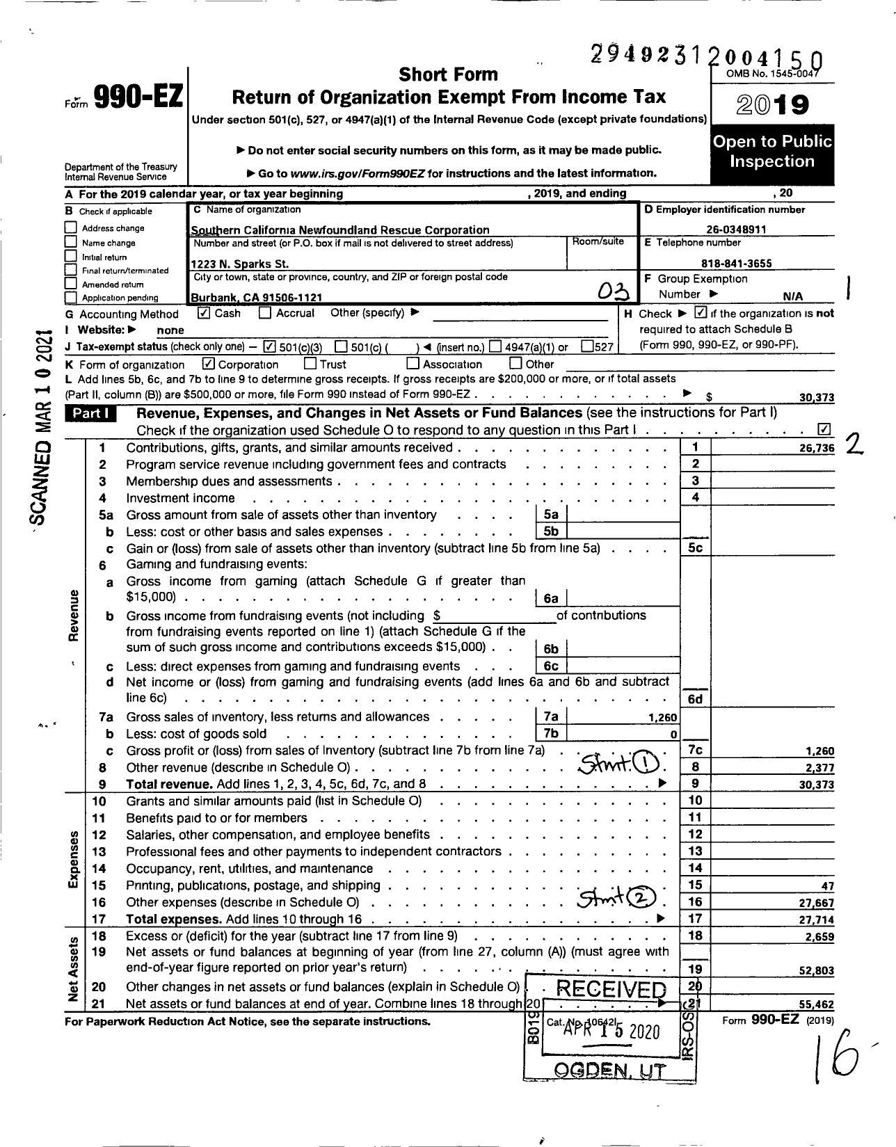 Image of first page of 2019 Form 990EZ for Southern California Newfoundland Rescue Corporation