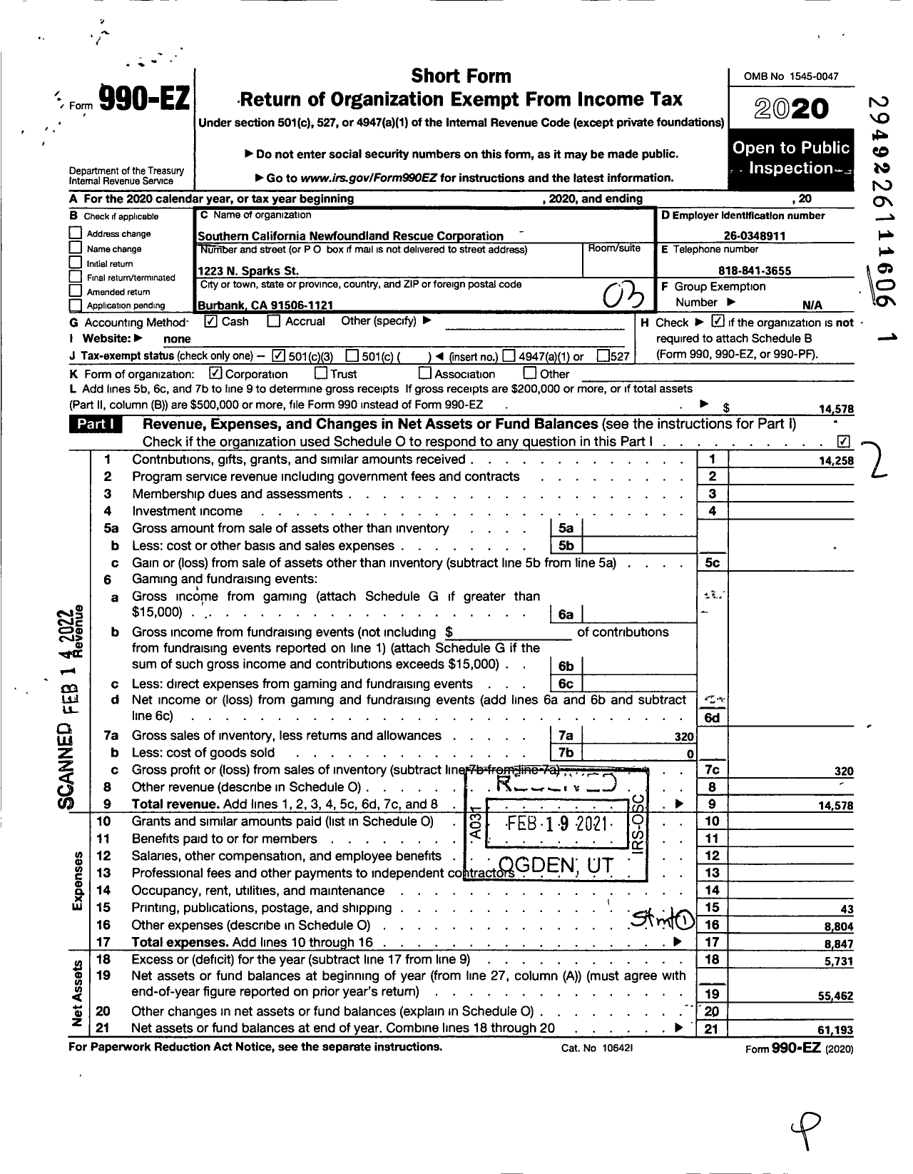 Image of first page of 2020 Form 990EZ for Southern California Newfoundland Rescue Corporation