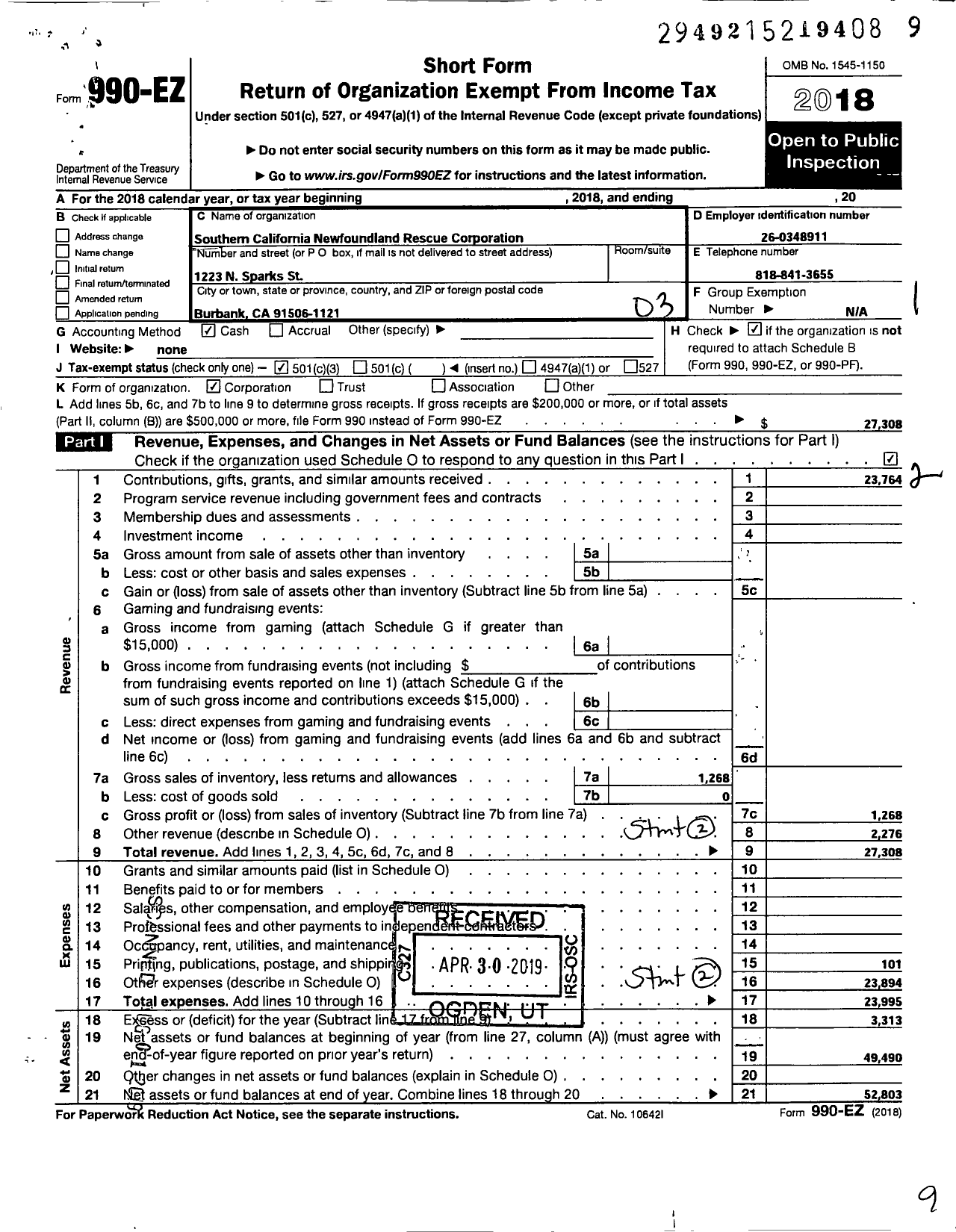 Image of first page of 2018 Form 990EZ for Southern California Newfoundland Rescue Corporation