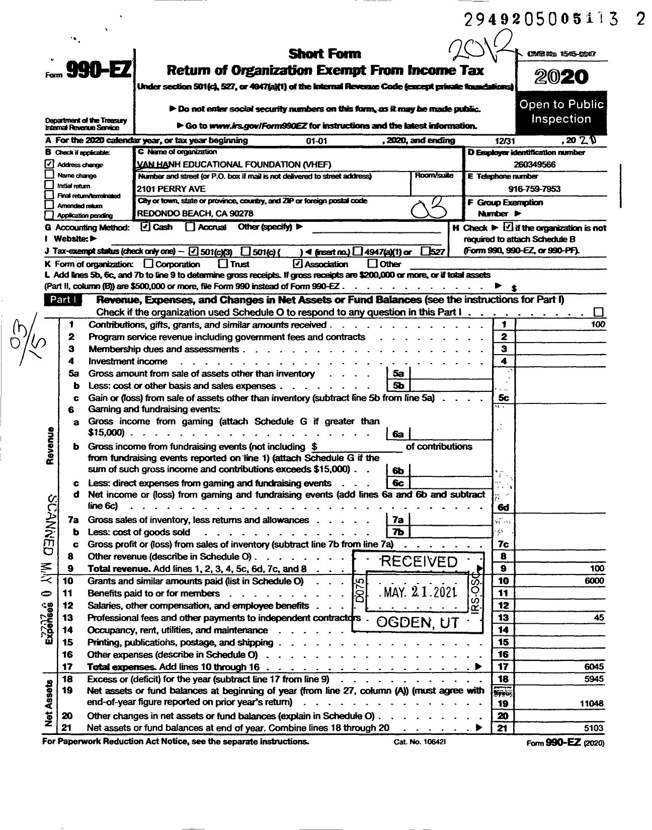 Image of first page of 2020 Form 990EZ for Van Hanh Educational Foundation (VHEF)