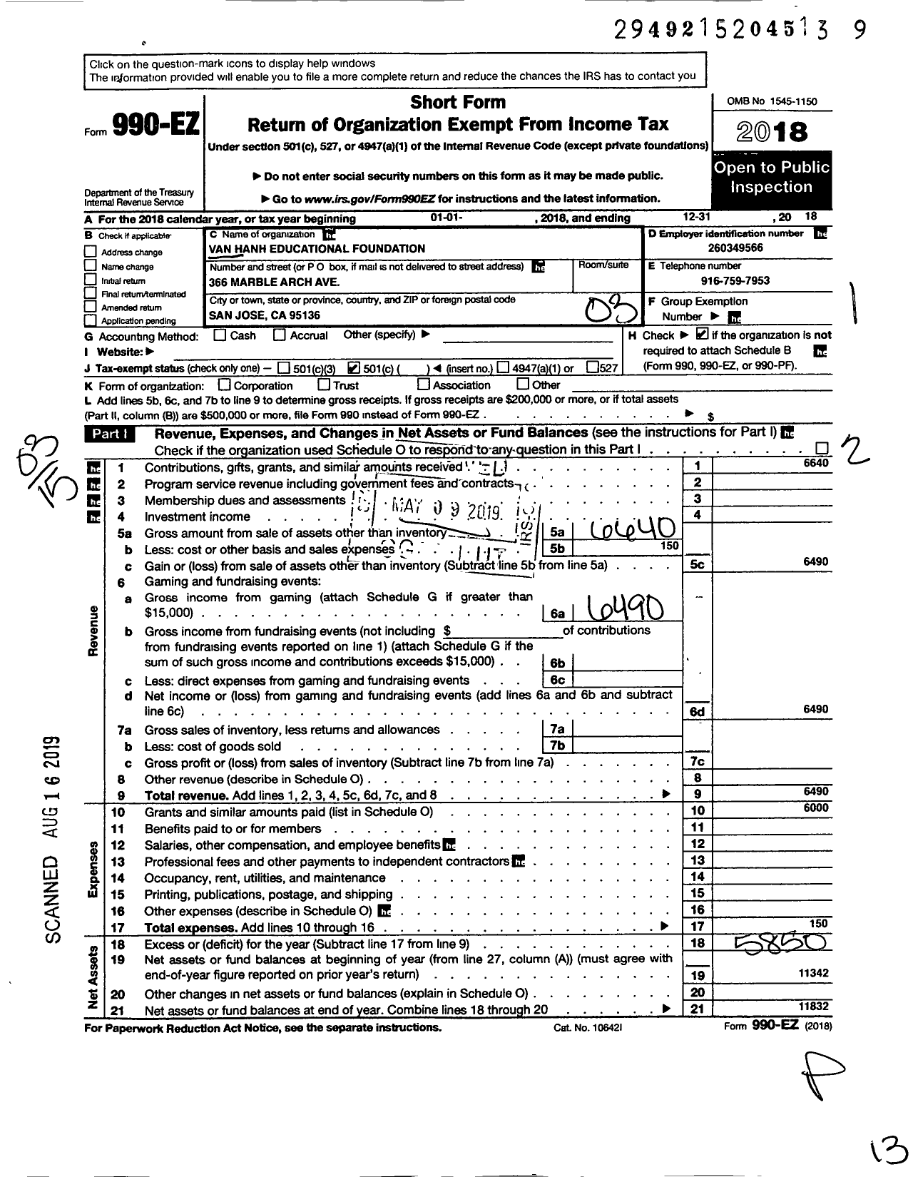 Image of first page of 2018 Form 990EZ for Van Hanh Educational Foundation (VHEF)