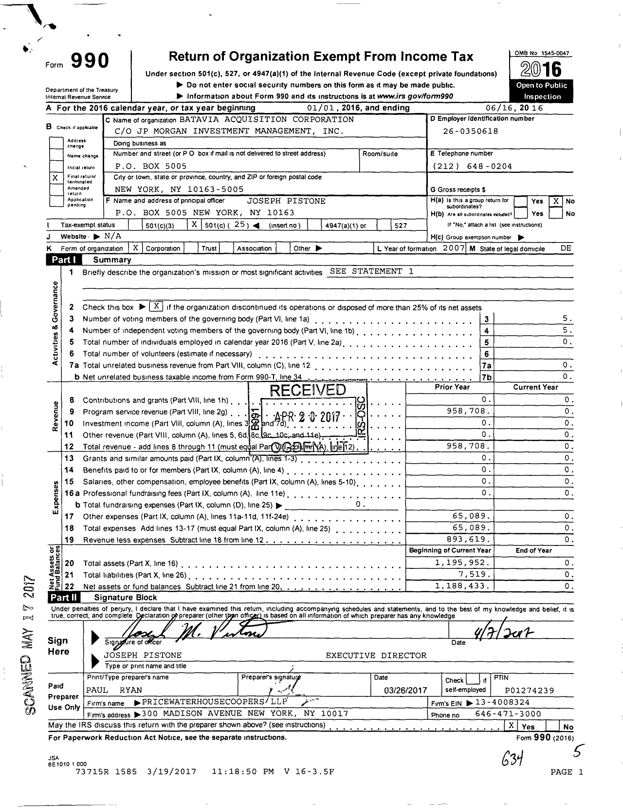 Image of first page of 2015 Form 990O for Batavia Acquisition Corporation