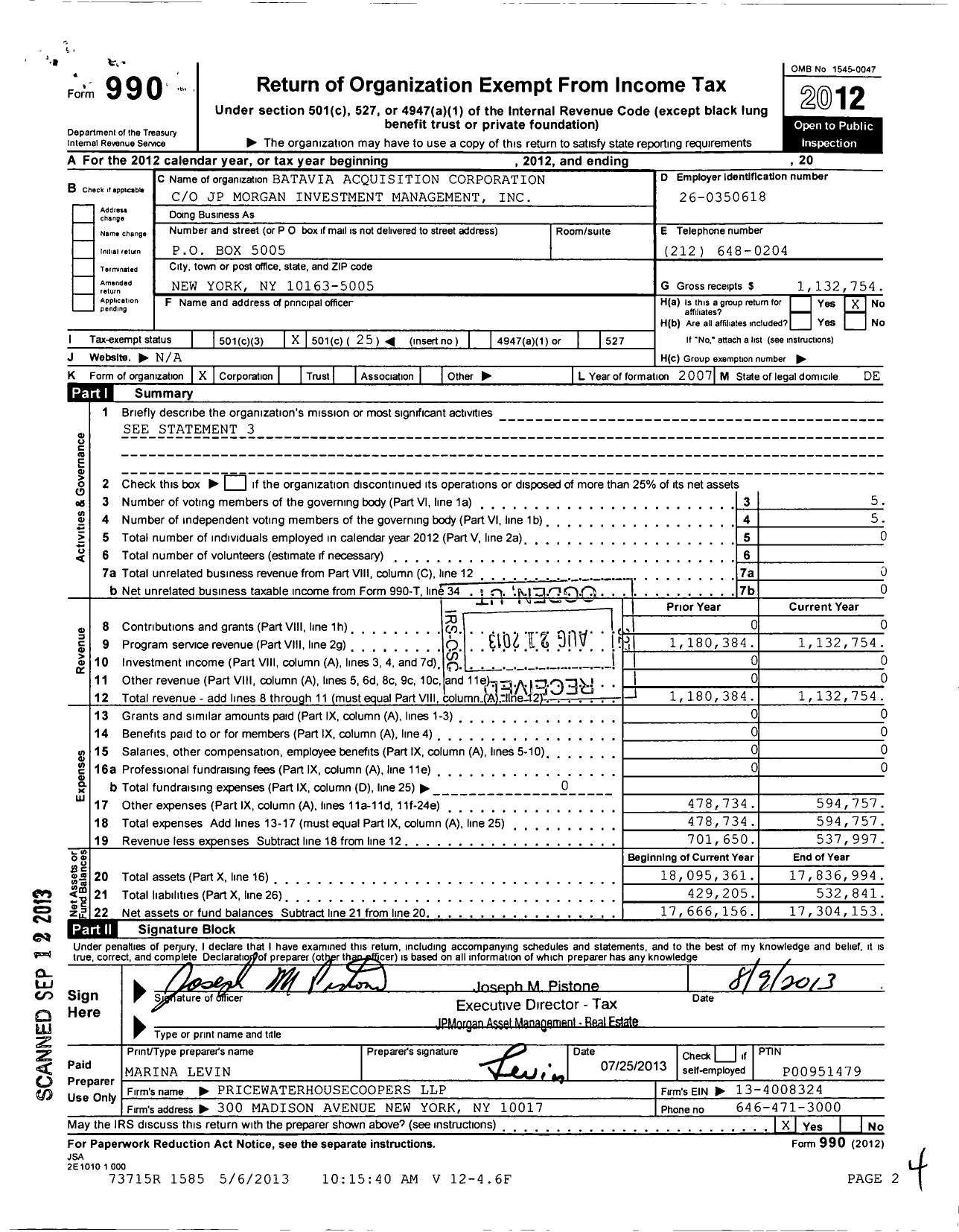 Image of first page of 2012 Form 990O for Batavia Acquisition Corporation