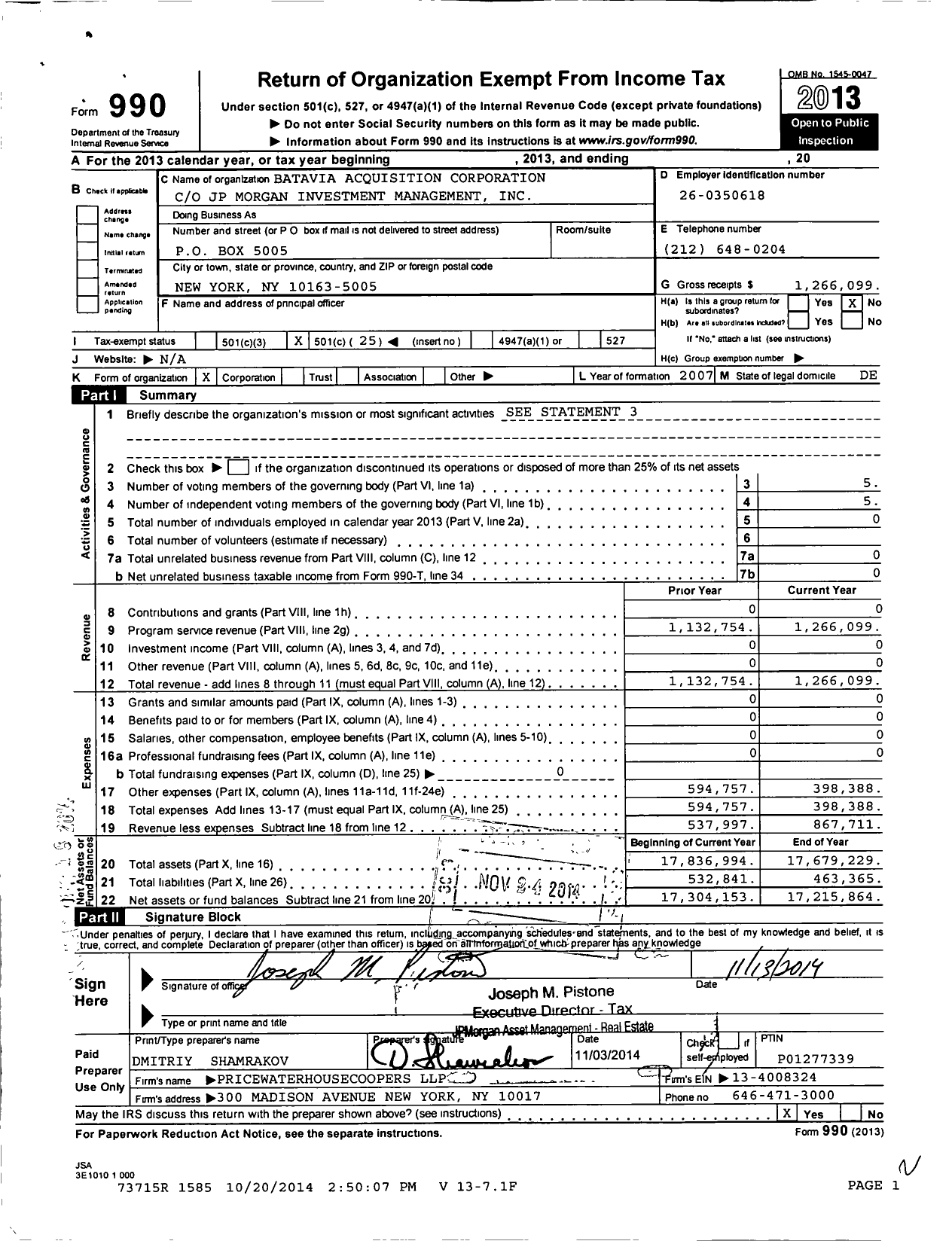 Image of first page of 2013 Form 990O for Batavia Acquisition Corporation