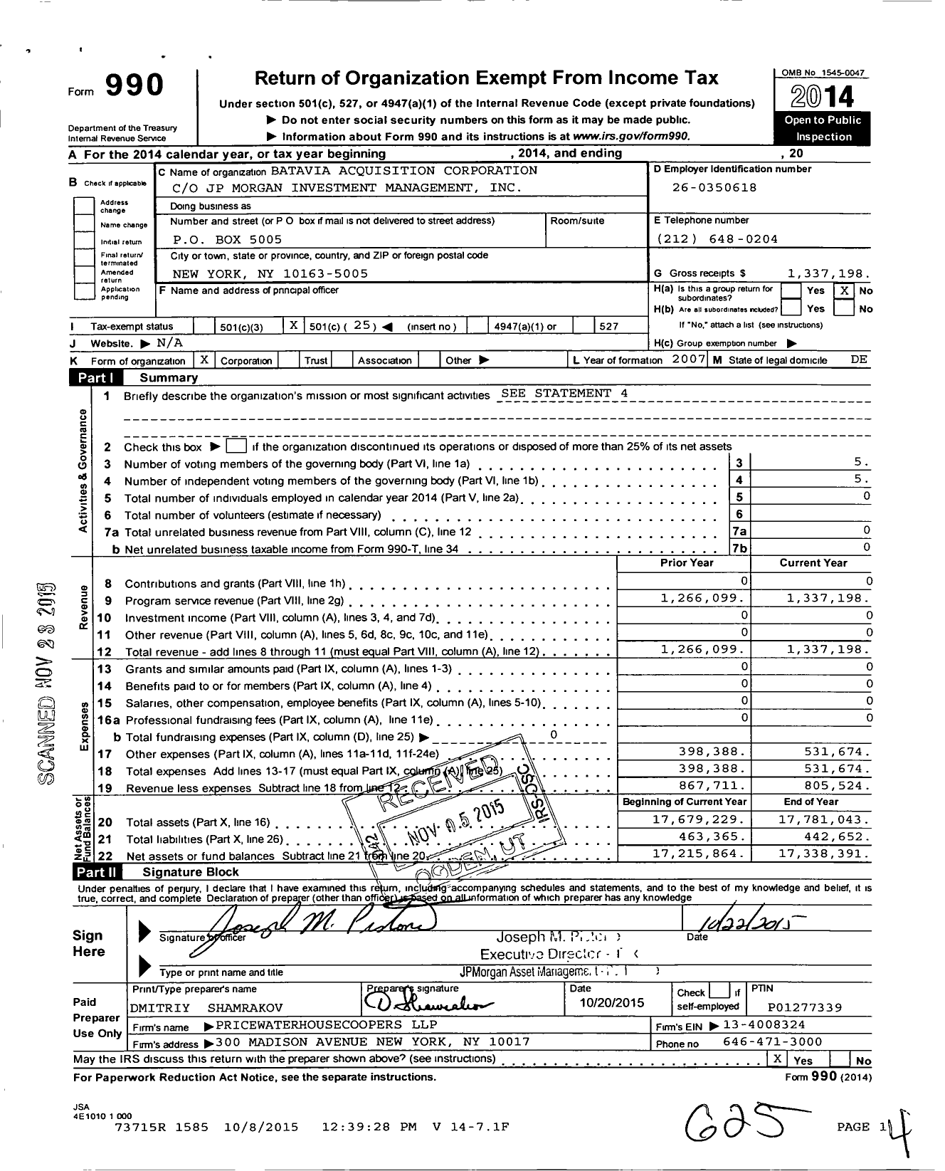 Image of first page of 2014 Form 990O for Batavia Acquisition Corporation