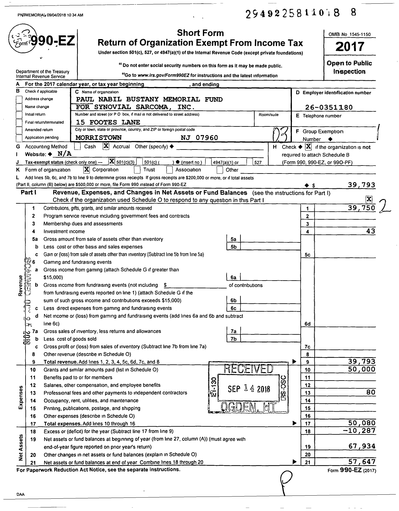 Image of first page of 2017 Form 990EZ for Paul Nabil Bustany Memorial Fund for Synovial Sarcoma