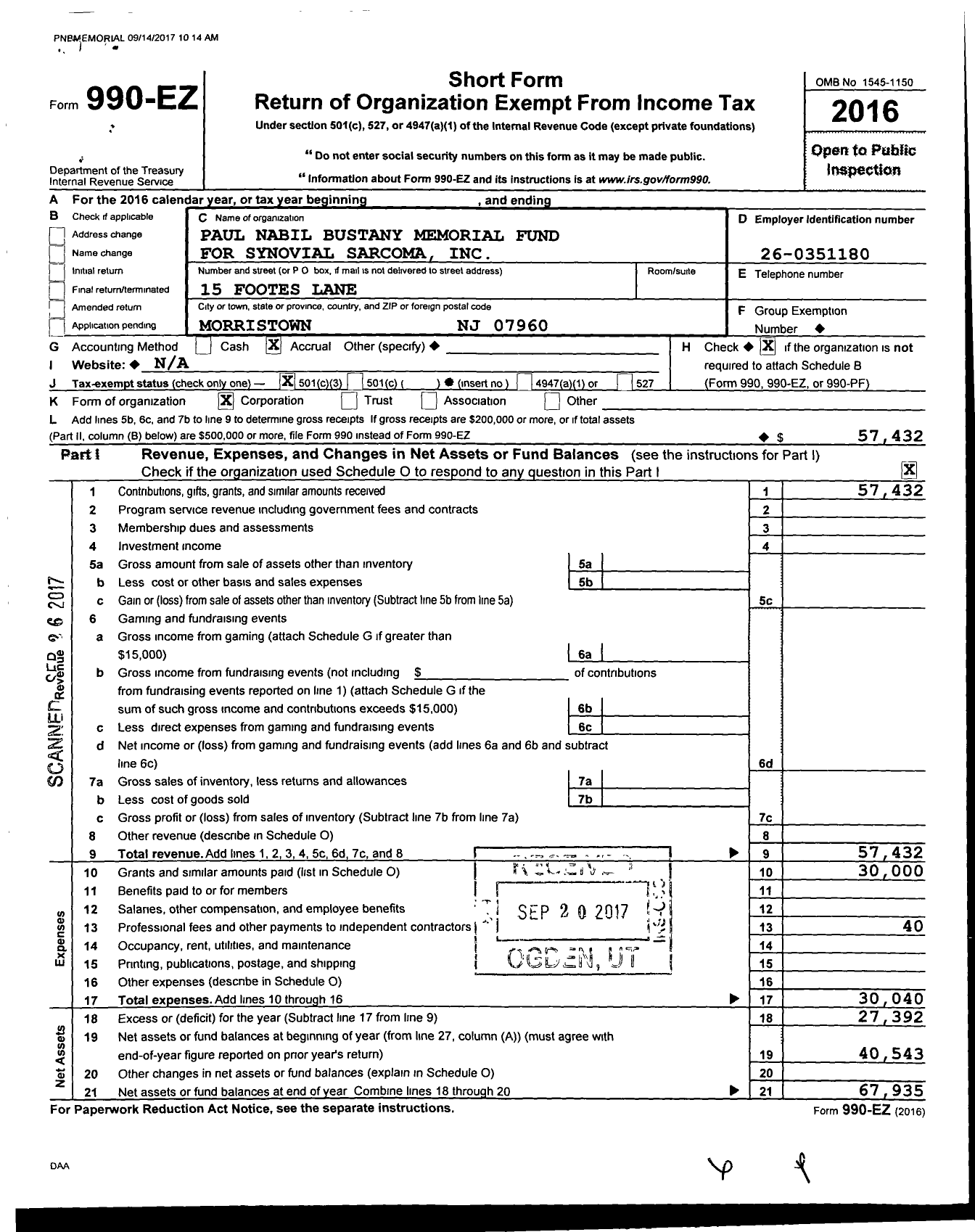 Image of first page of 2016 Form 990EZ for Paul Nabil Bustany Memorial Fund for Synovial Sarcoma