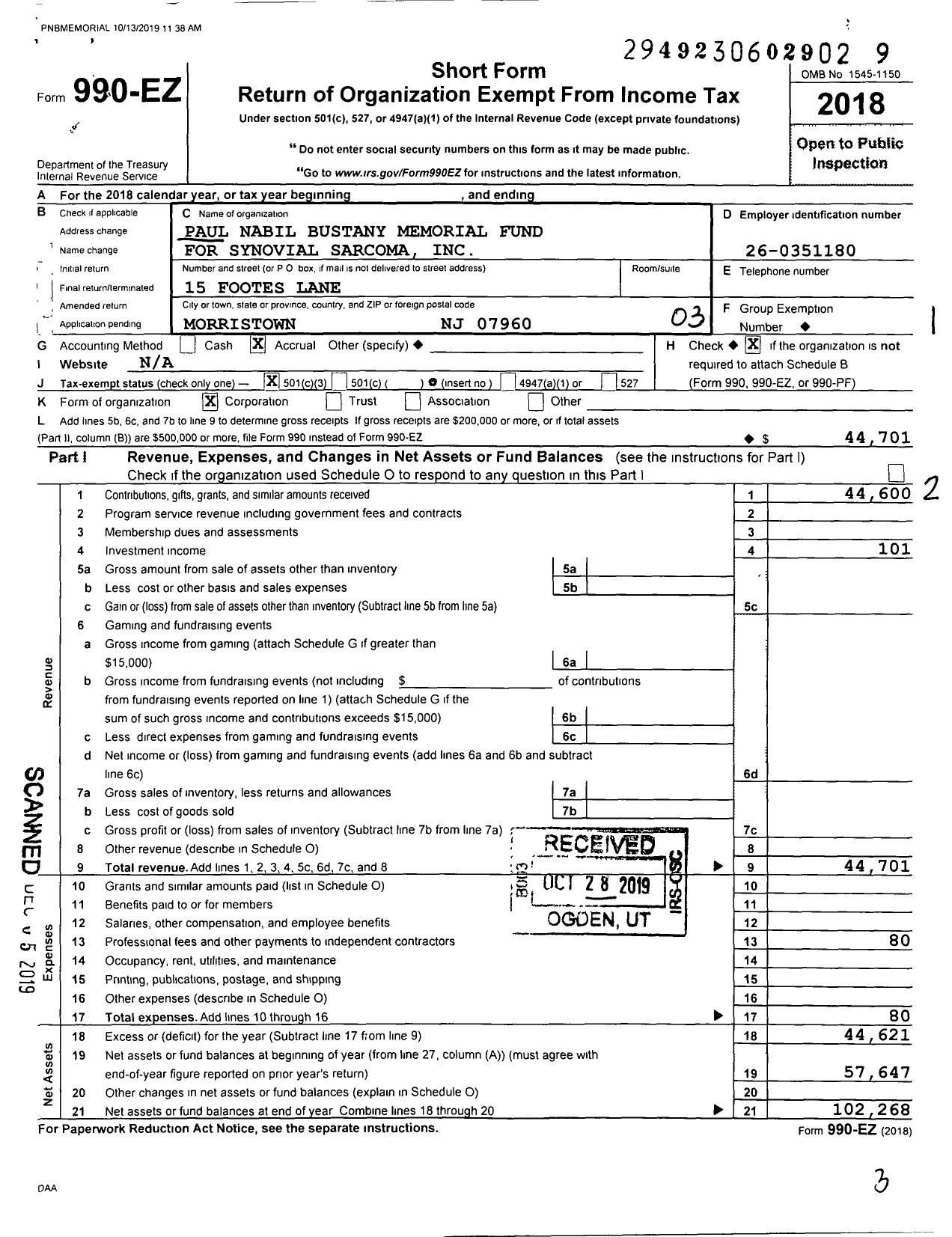 Image of first page of 2018 Form 990EZ for Paul Nabil Bustany Memorial Fund for Synovial Sarcoma