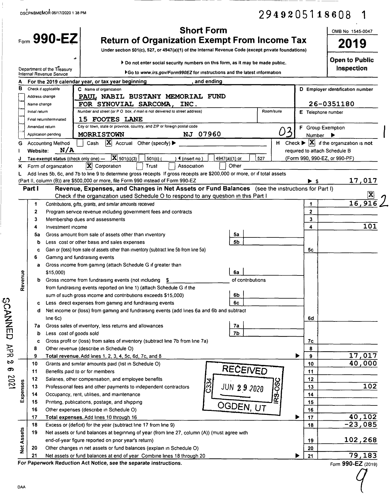 Image of first page of 2019 Form 990EZ for Paul Nabil Bustany Memorial Fund for Synovial Sarcoma