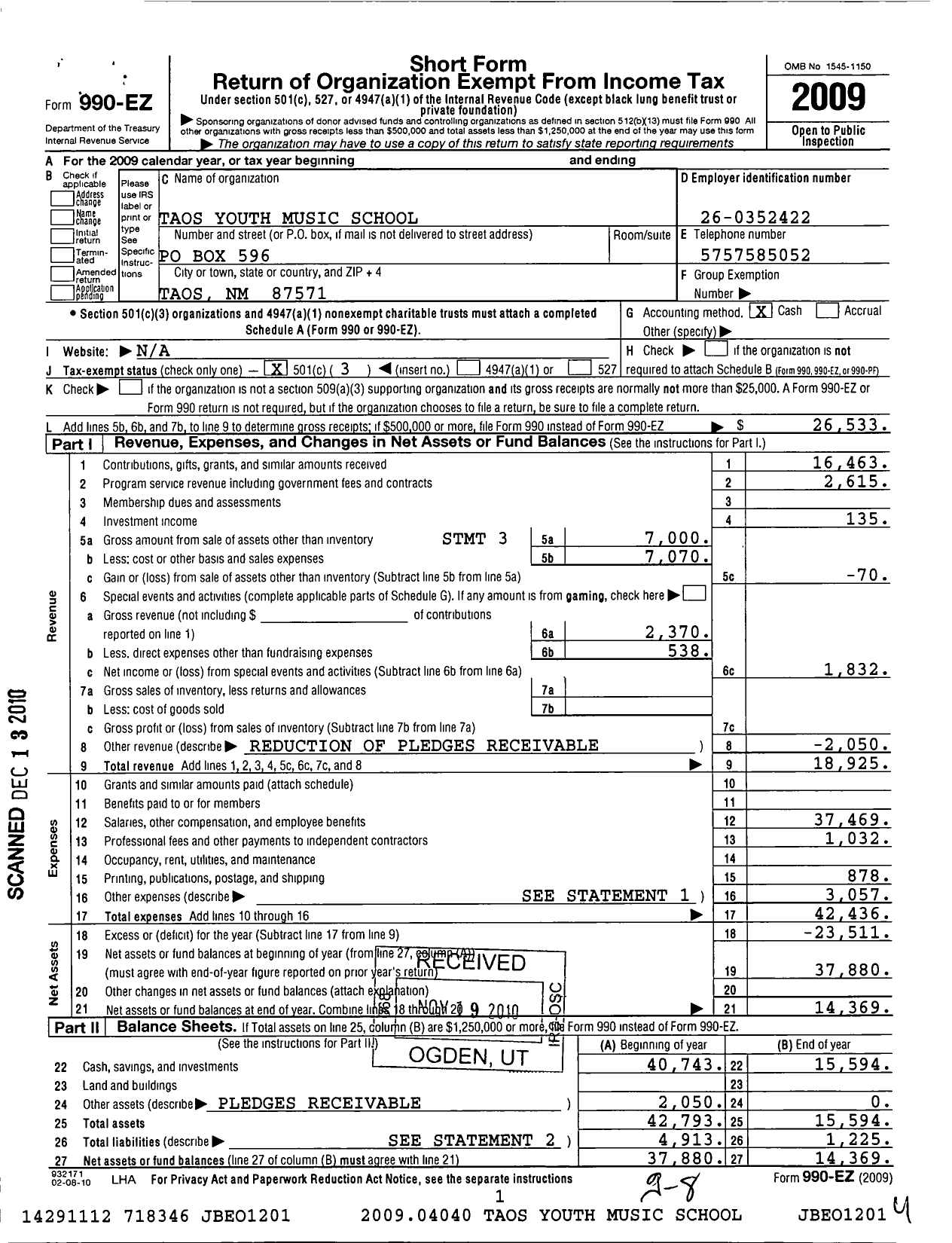 Image of first page of 2009 Form 990EZ for Taos Youth Music School (TYMS)