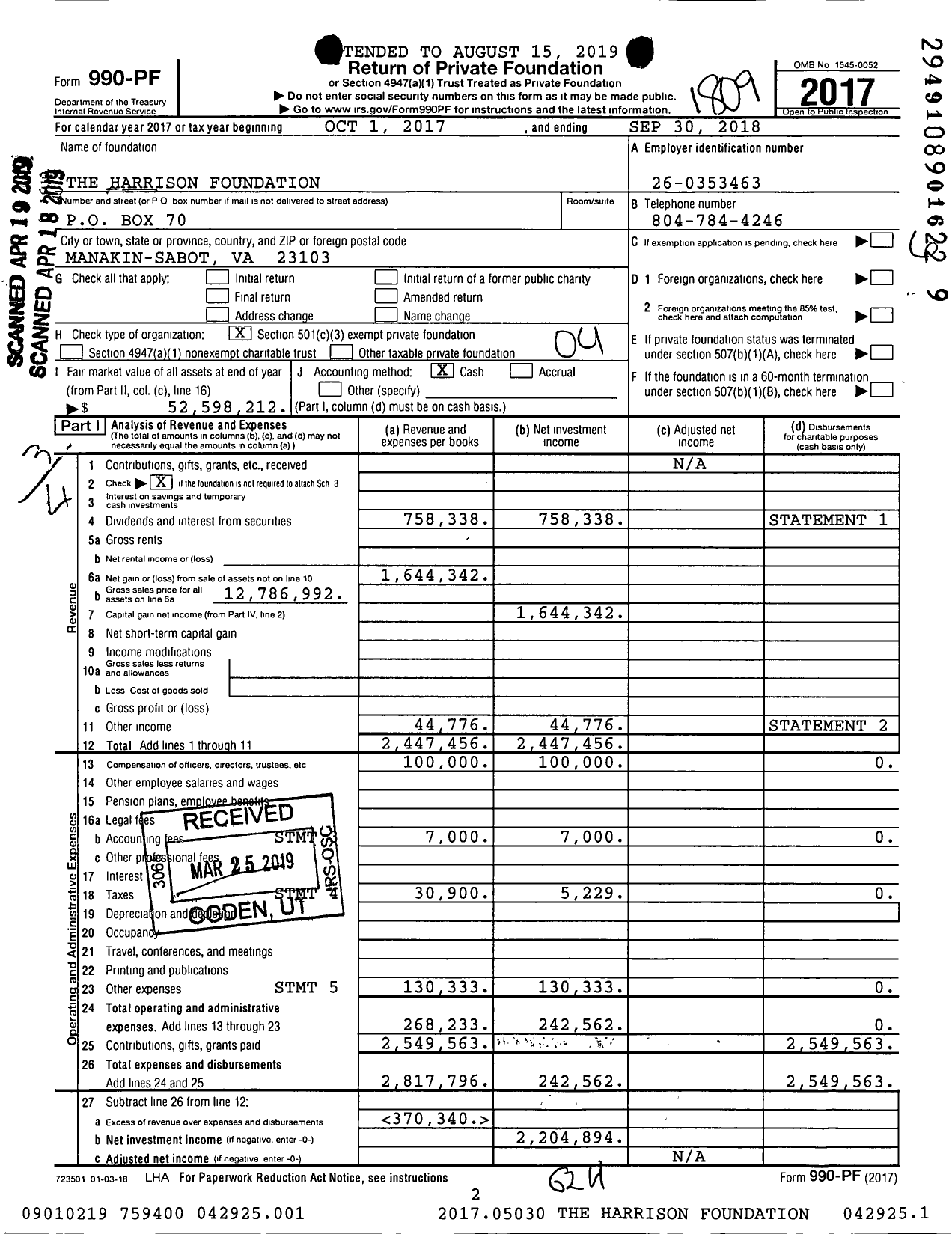 Image of first page of 2017 Form 990PF for The Harrison Foundation