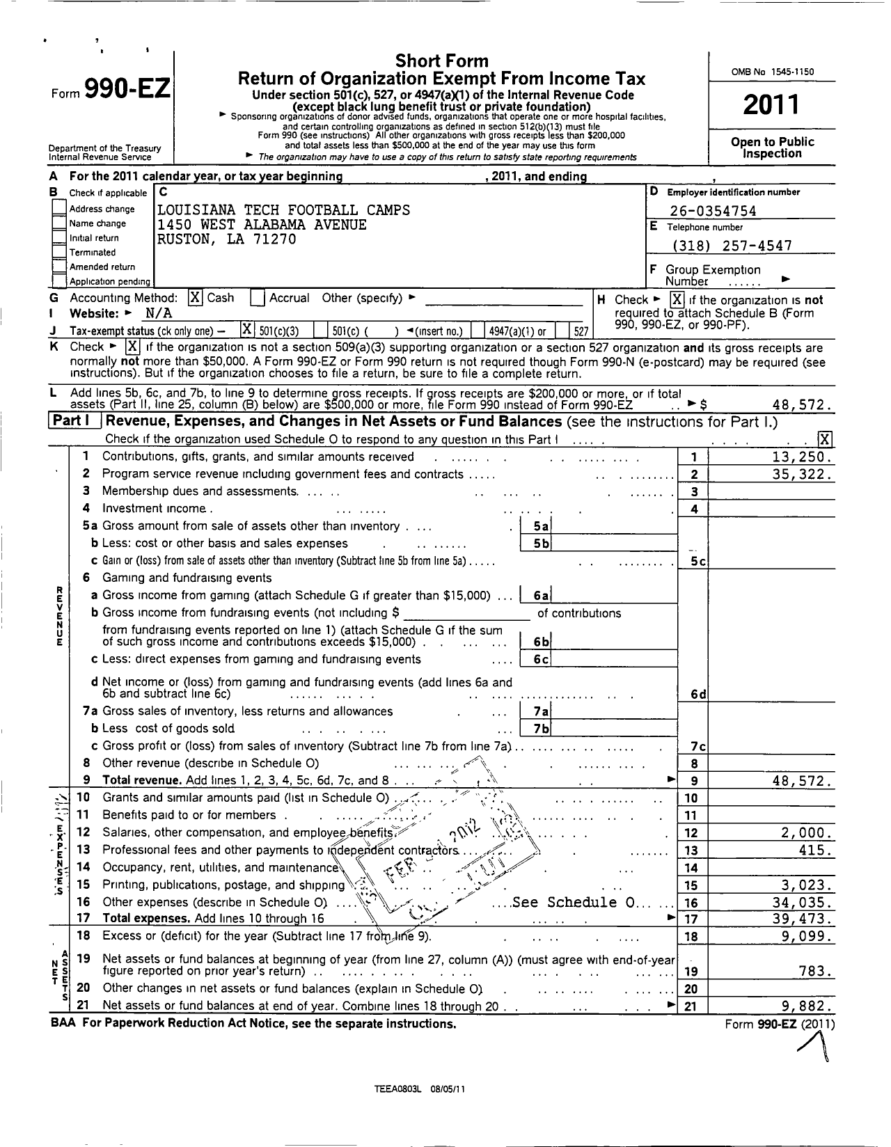 Image of first page of 2011 Form 990EZ for Louisiana Tech Football Camps