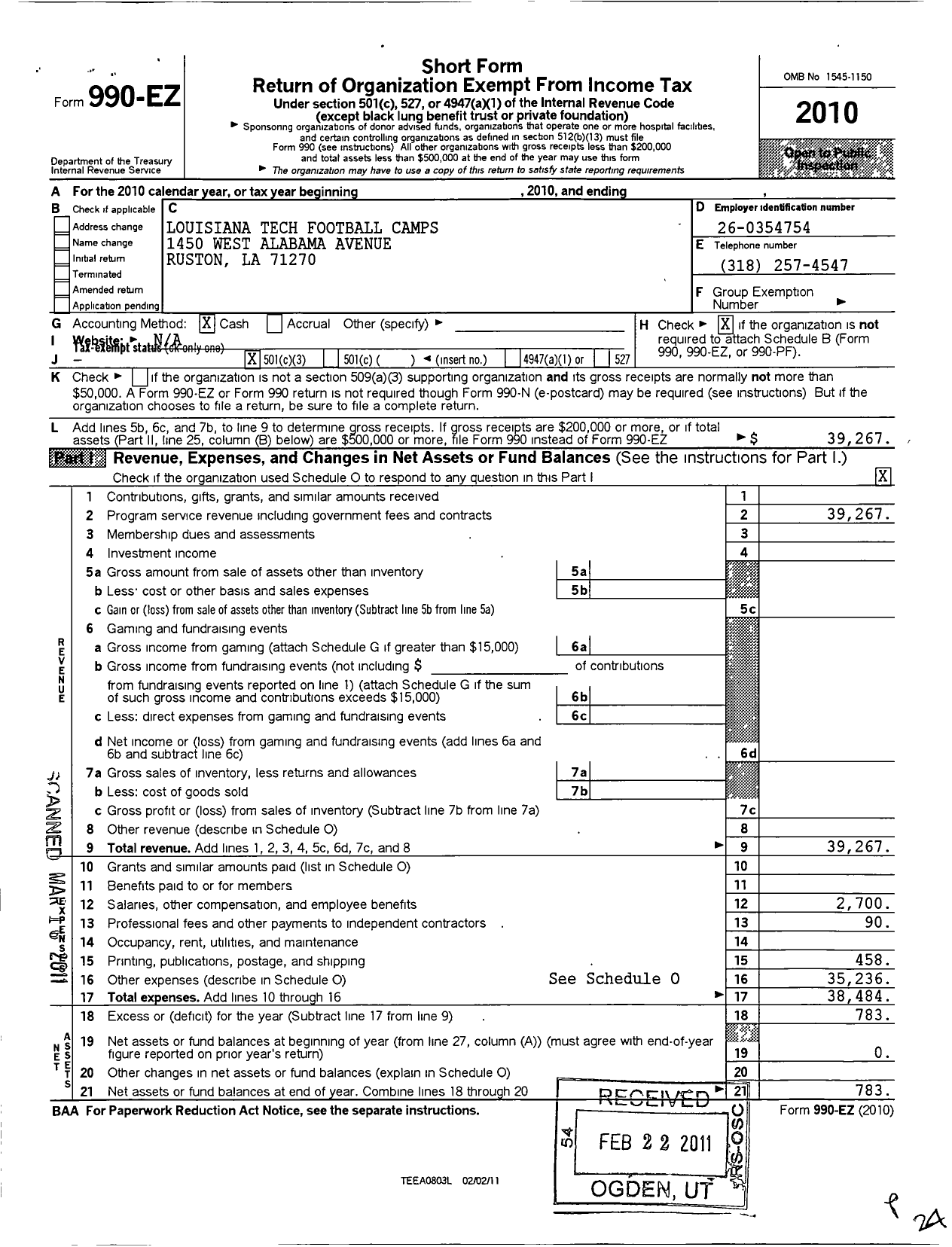 Image of first page of 2010 Form 990EZ for Louisiana Tech Football Camps