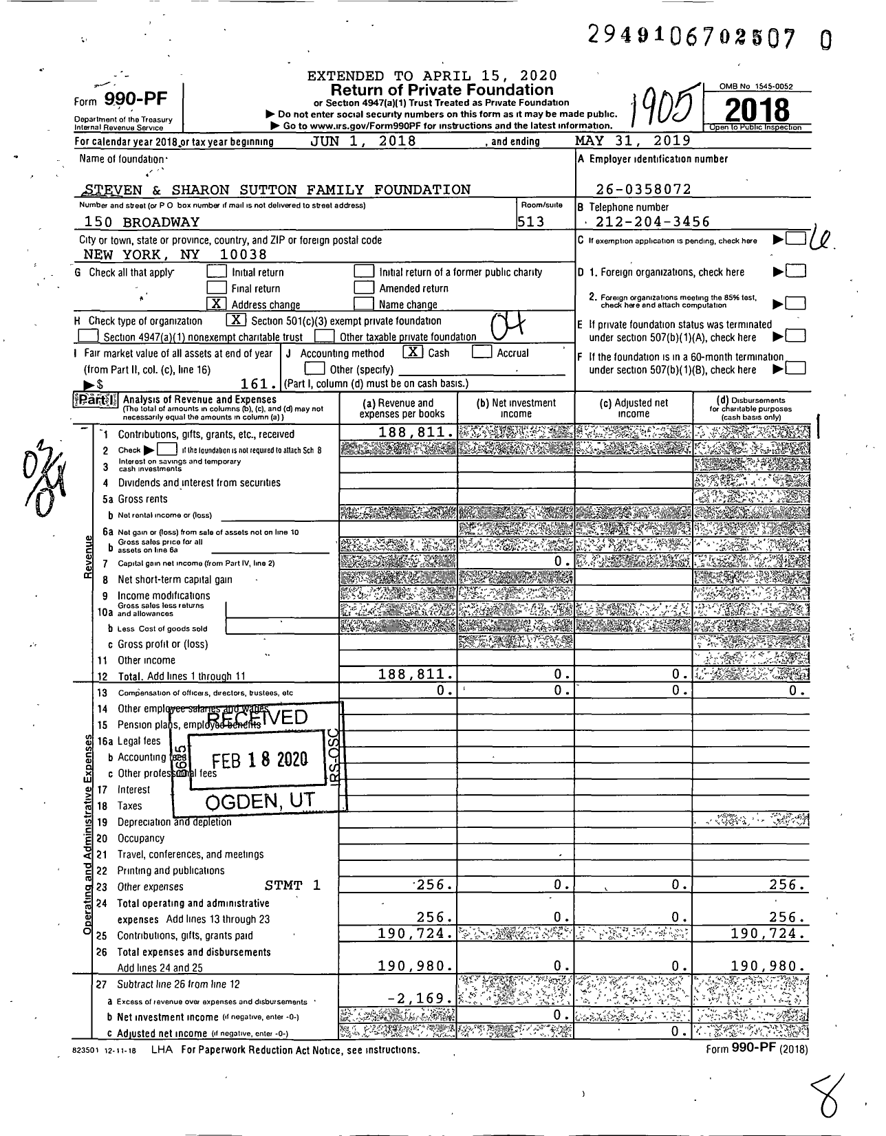 Image of first page of 2018 Form 990PR for Steven and Sharon Sutton Family Foundation