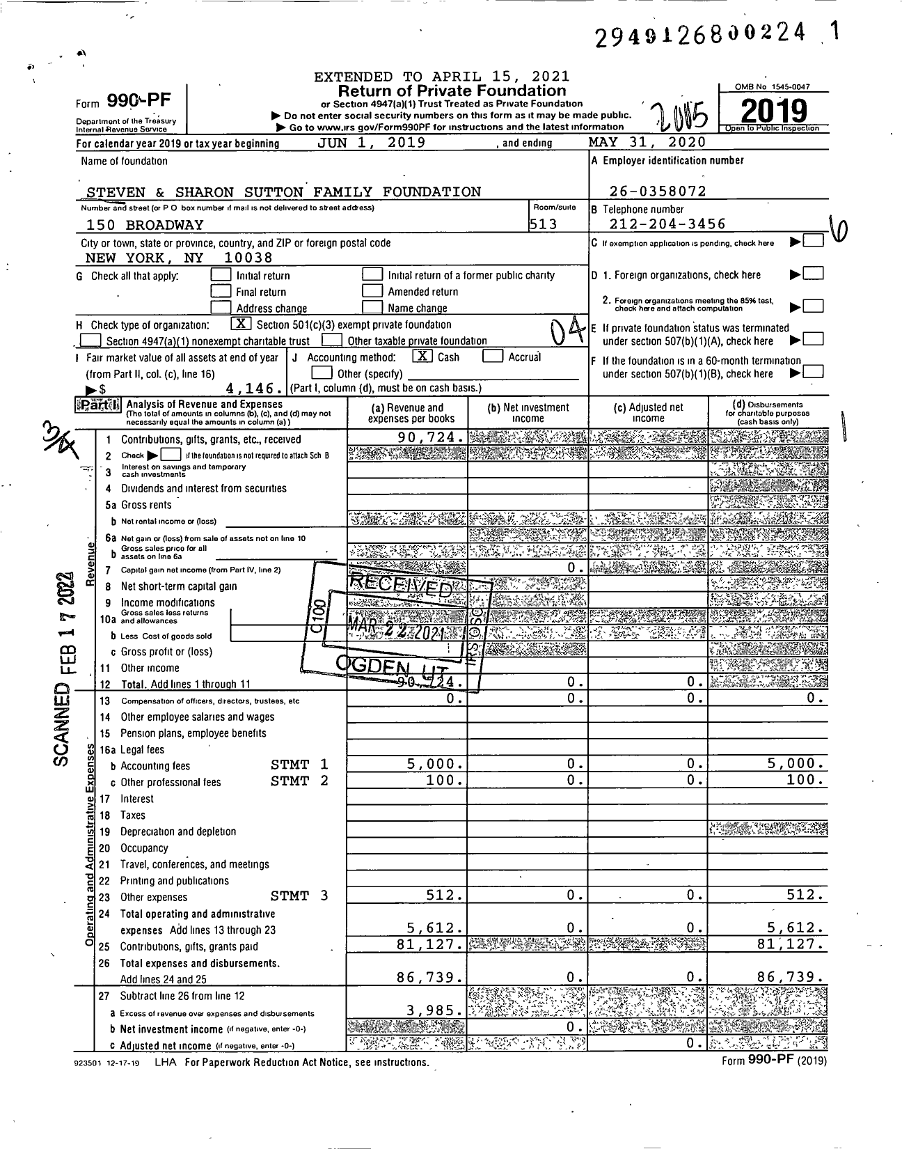 Image of first page of 2019 Form 990PF for Steven and Sharon Sutton Family Foundation