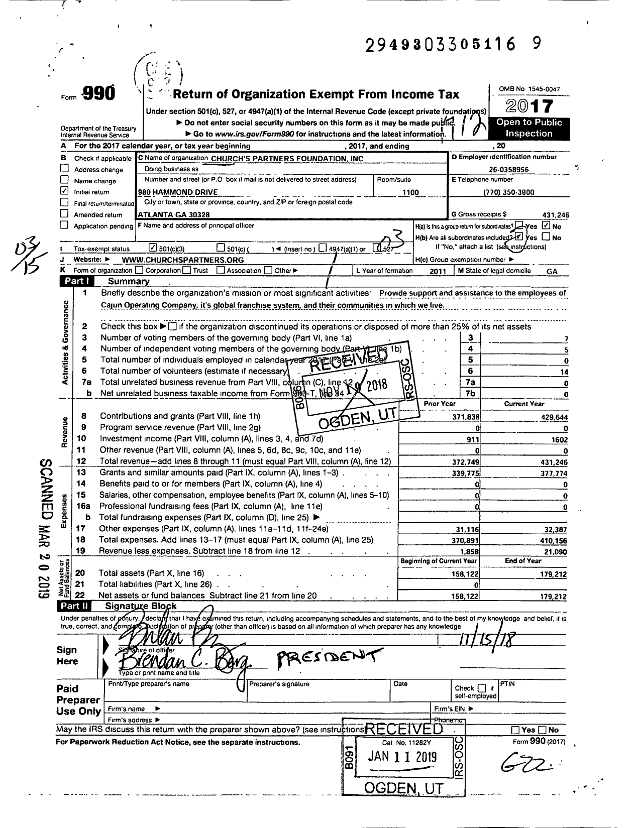 Image of first page of 2017 Form 990 for Churchs Partners Foundation