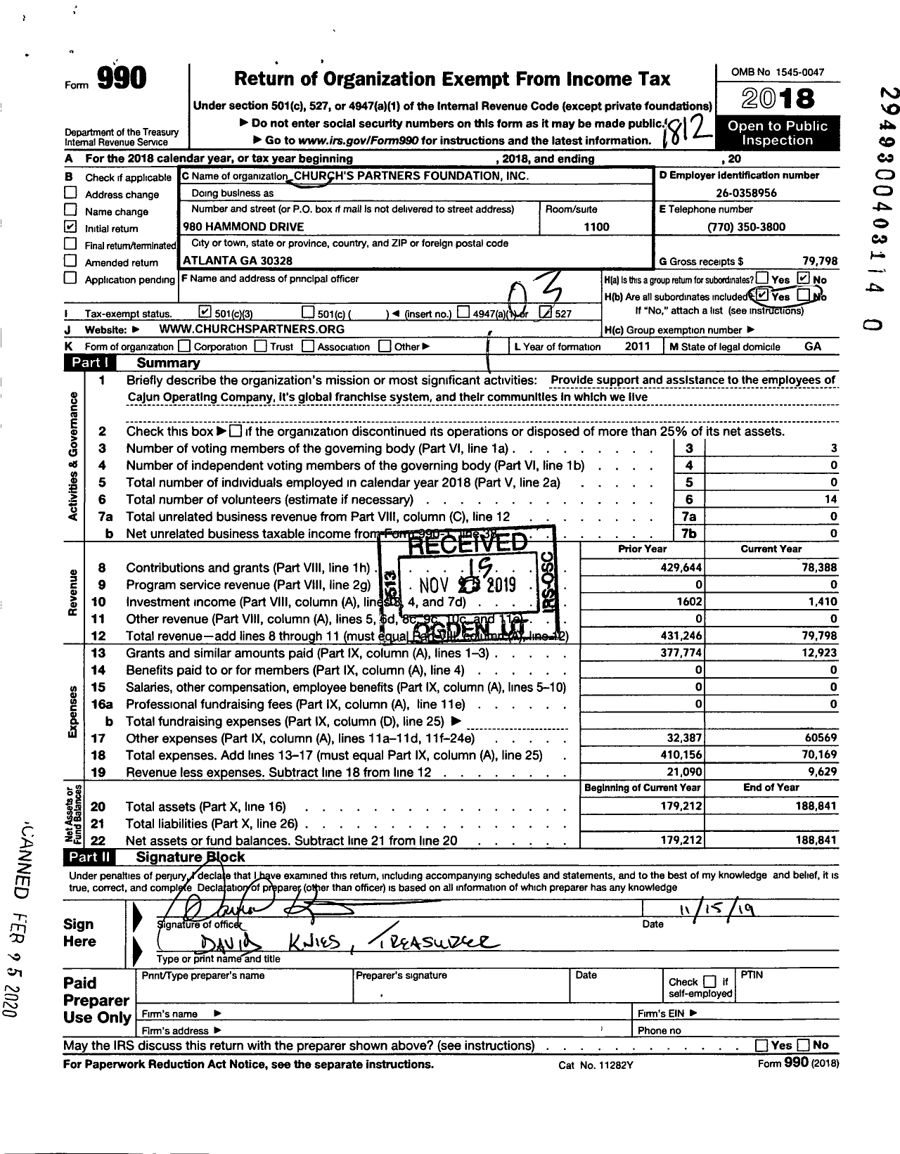 Image of first page of 2018 Form 990 for Churchs Partners Foundation