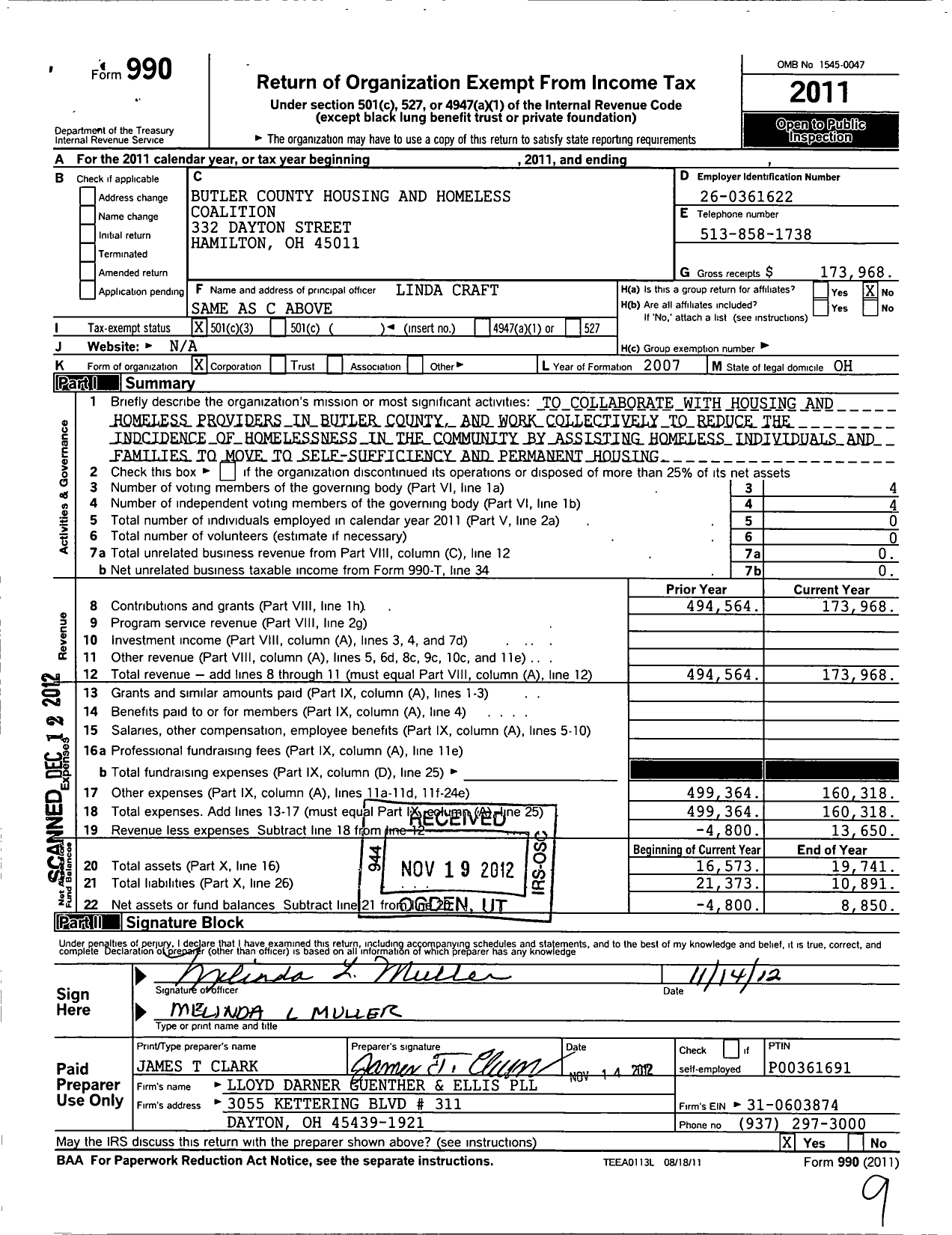 Image of first page of 2011 Form 990 for Butler County Housing and Homeless Coalition