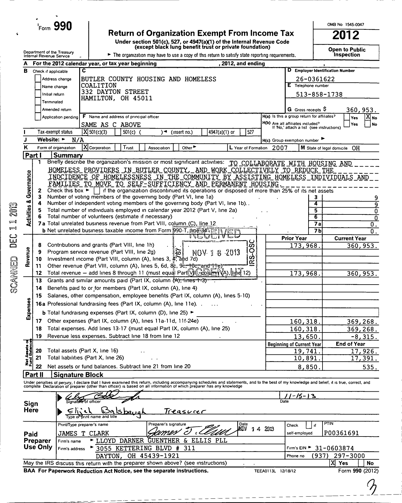 Image of first page of 2012 Form 990 for Butler County Housing and Homeless Coalition