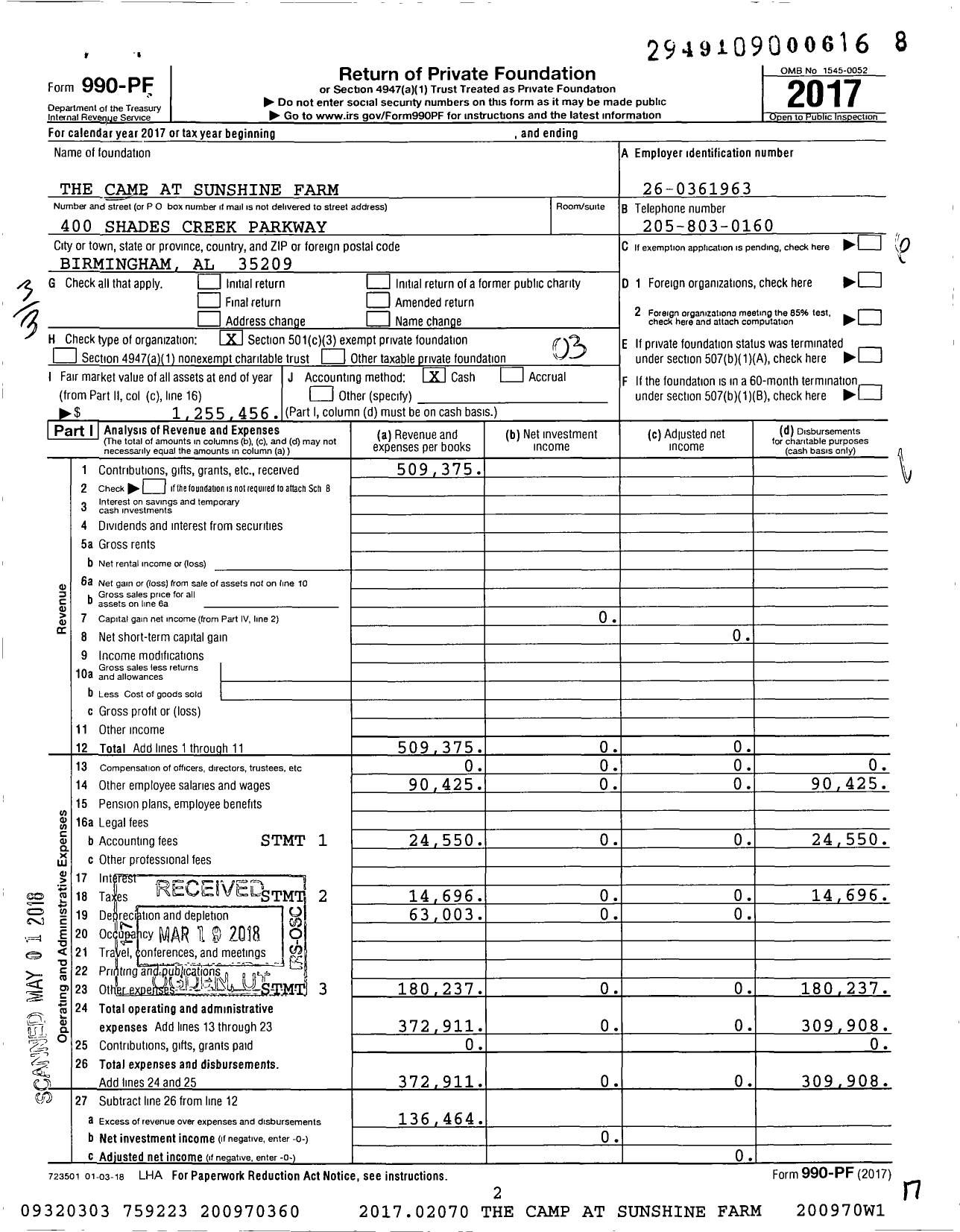 Image of first page of 2017 Form 990PF for The Camp at Sunshine Farm