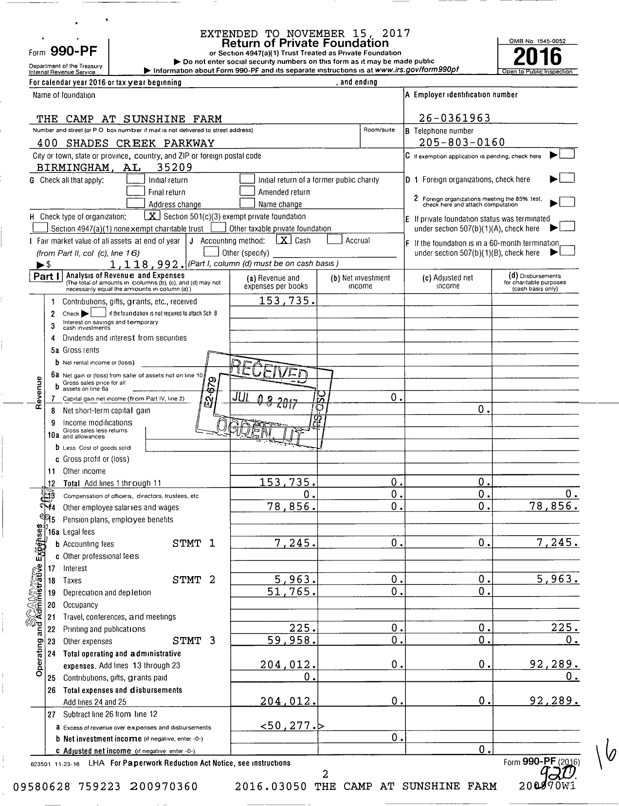 Image of first page of 2016 Form 990PF for The Camp at Sunshine Farm