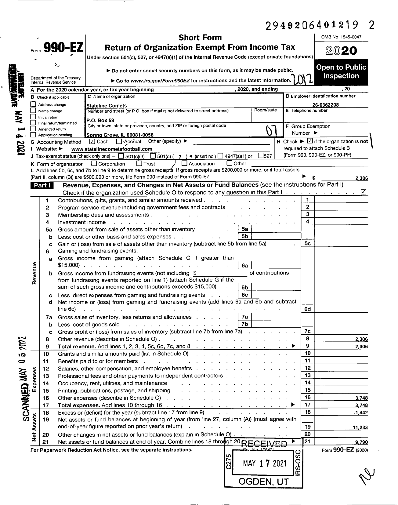 Image of first page of 2020 Form 990EO for Stateline Comets