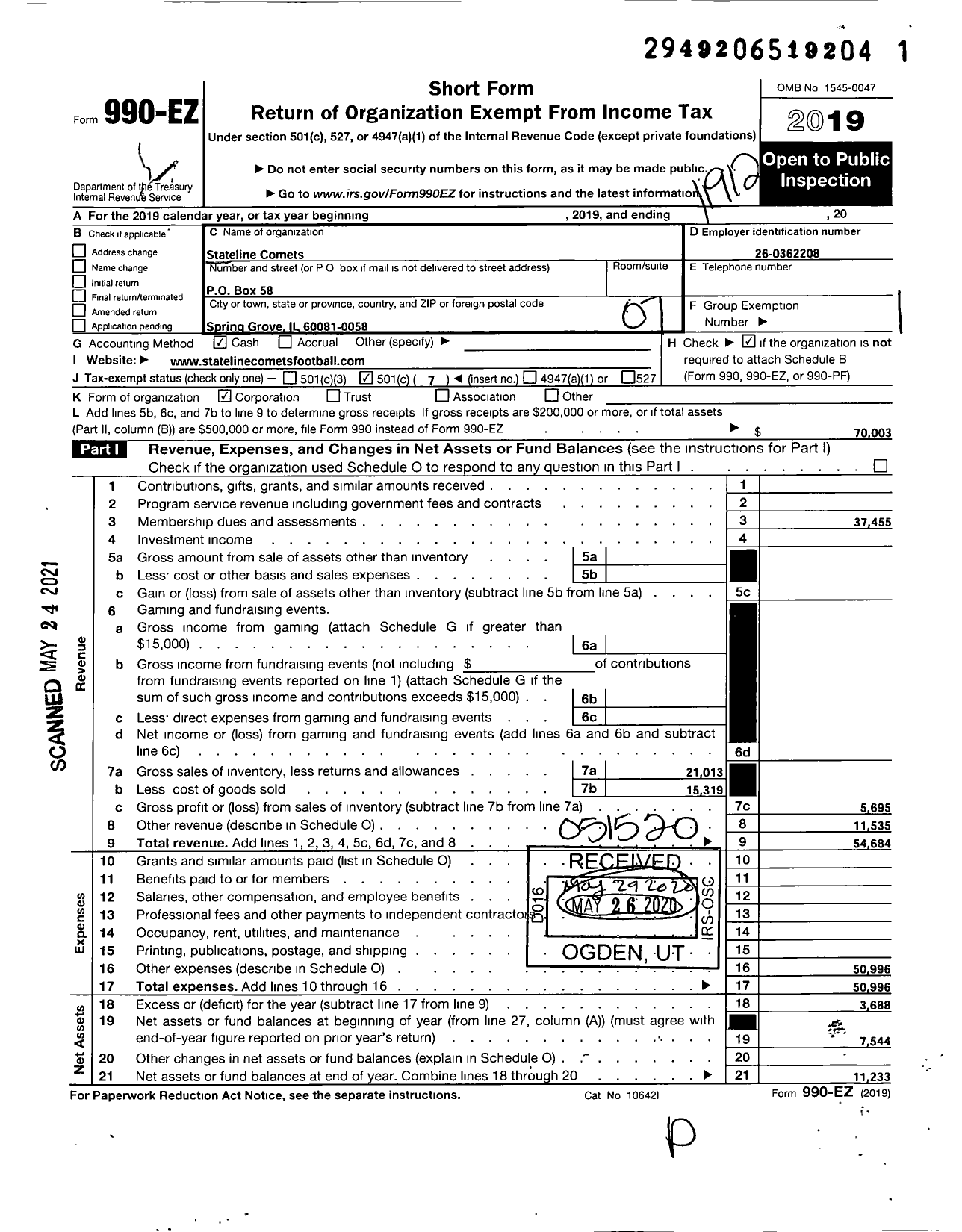 Image of first page of 2019 Form 990EO for Stateline Comets