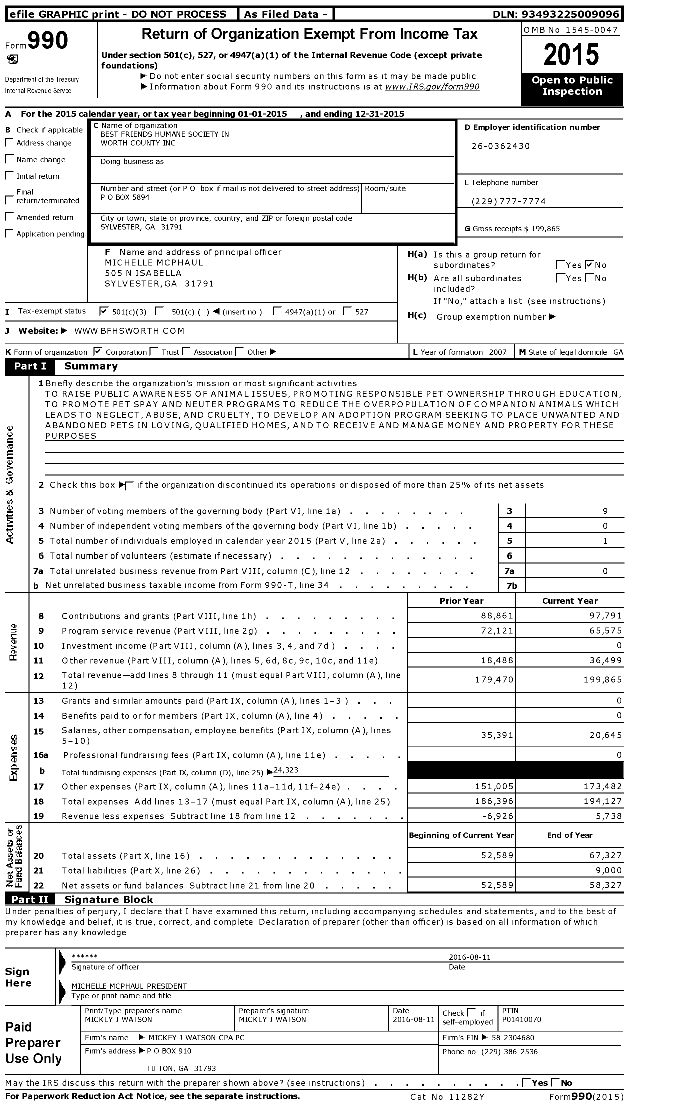 Image of first page of 2015 Form 990 for Best Friends Humane Society in Worth County