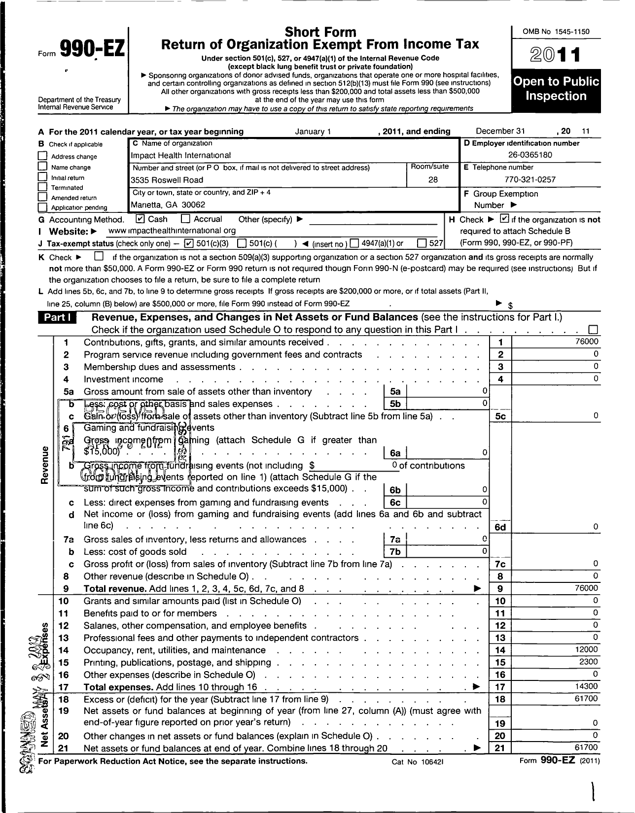 Image of first page of 2011 Form 990EZ for Impact Health International