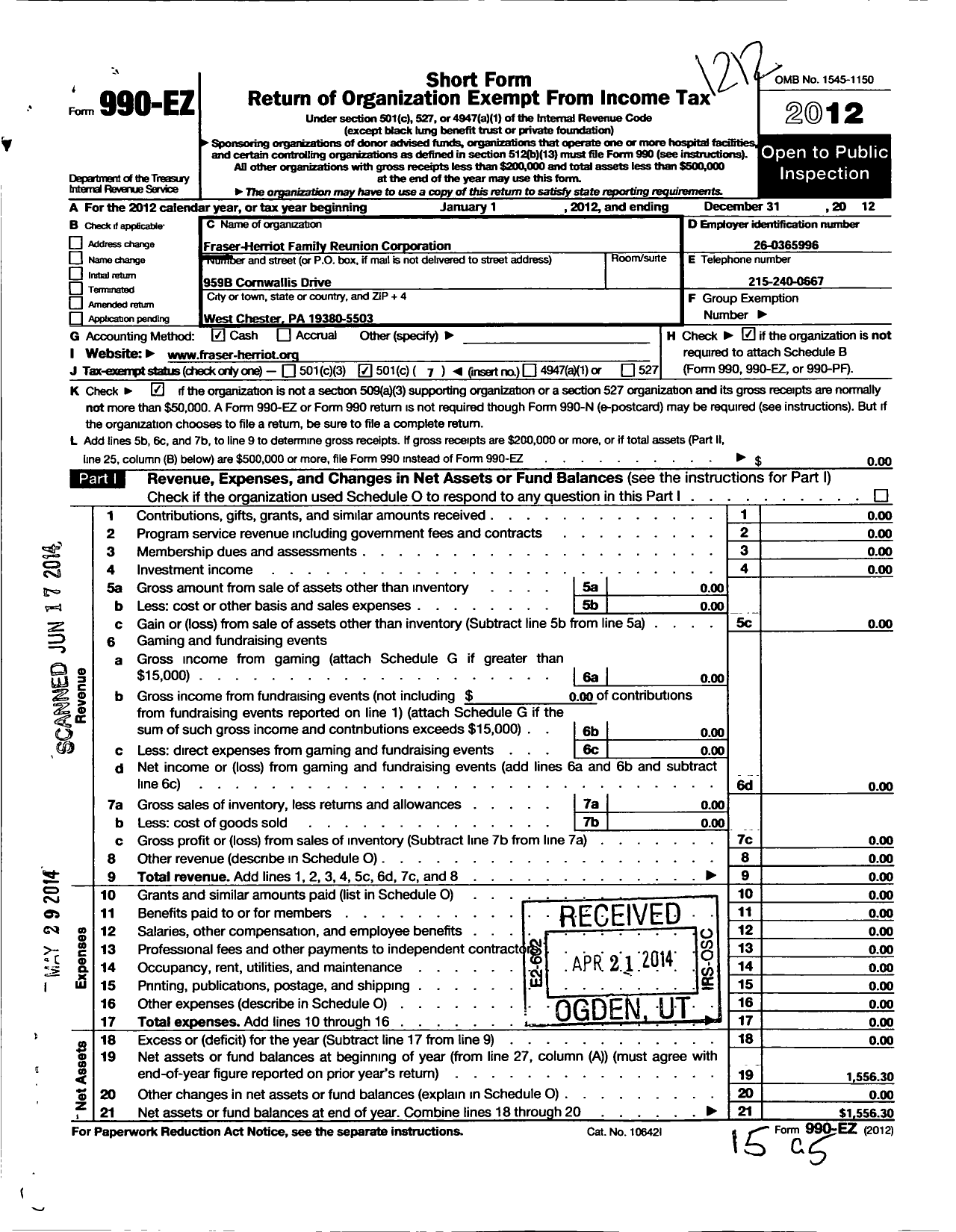 Image of first page of 2012 Form 990EO for Fraser Herriot Family Reunion Corporation