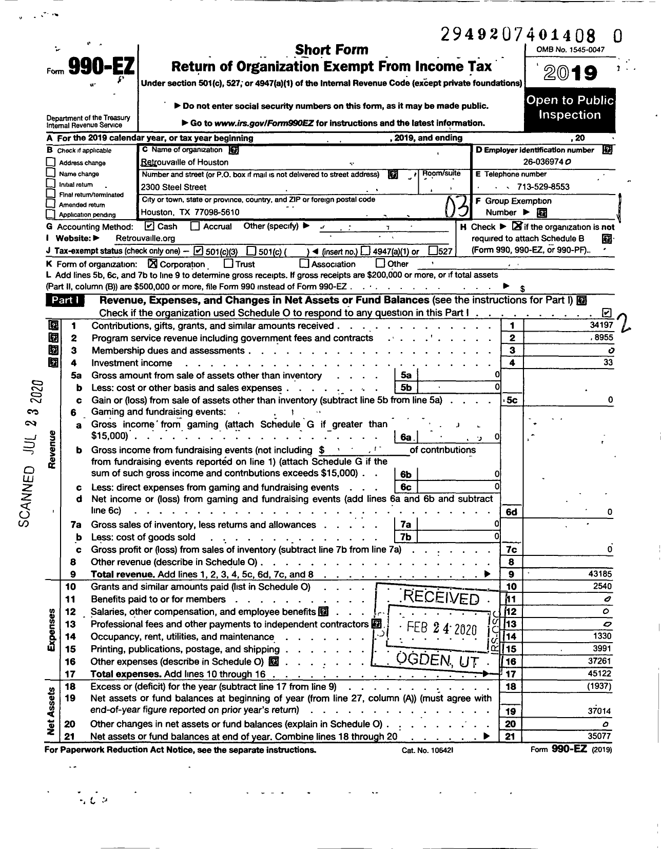 Image of first page of 2019 Form 990EZ for Retrouvaille of Houston